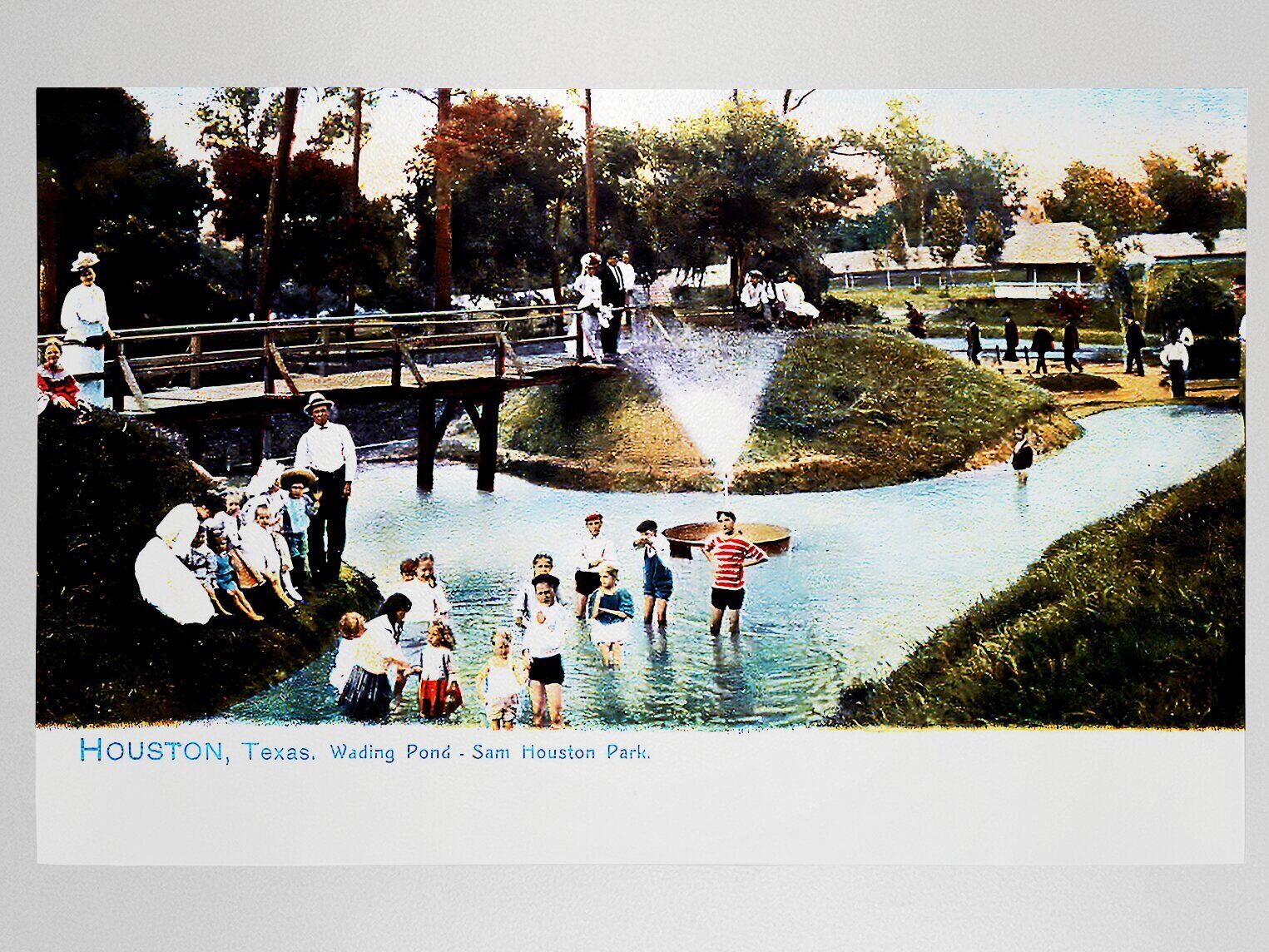 Wading Pond - Sam Houston Park Texas *METALLIC LUSTER* Lithograph Postcard #WDTX