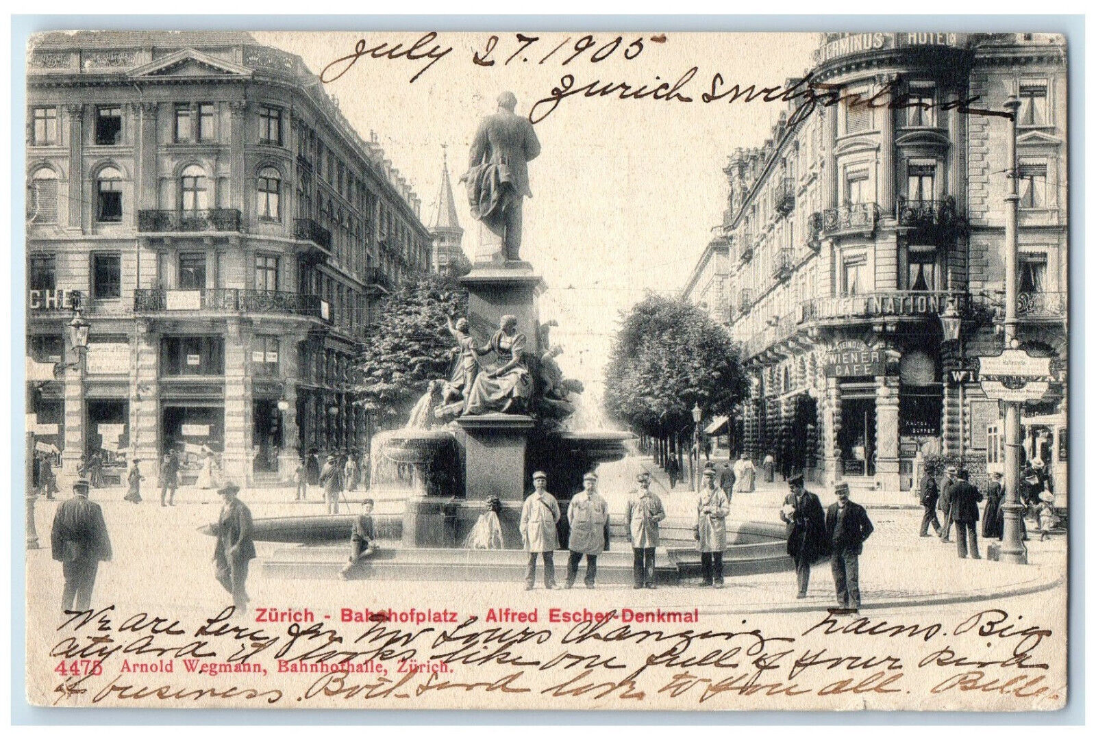 1905 Zurich Train Station Plaza Alfred Escher Monument Switzerland Postcard