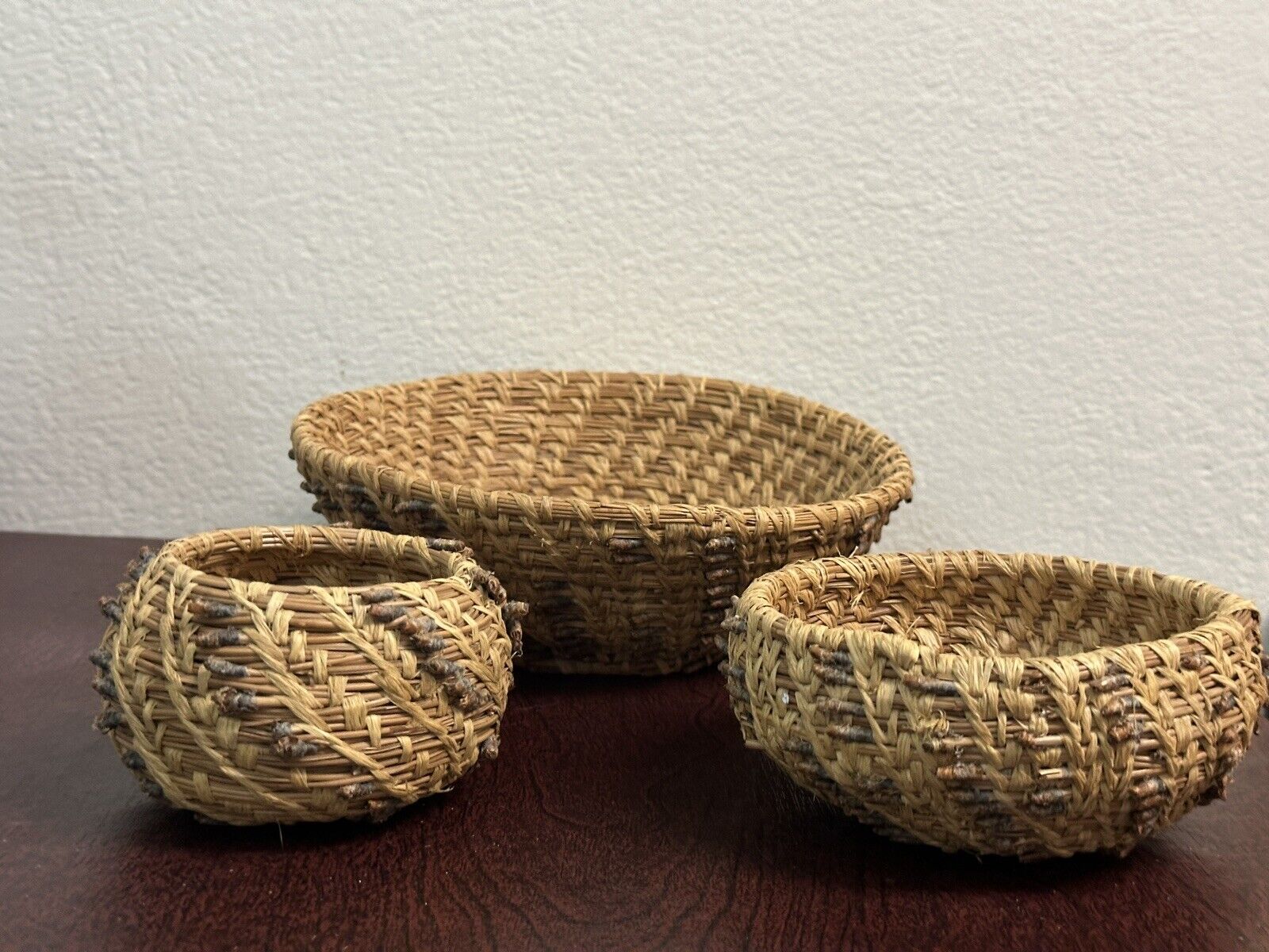 Set Of 3 Vintage Hand Made Pine Needle Bowl Nature Hand Woven Straw Artisan Lot