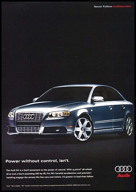 2005 Audi S4 - power without control - Original Advertisement Car Print Ad J704A