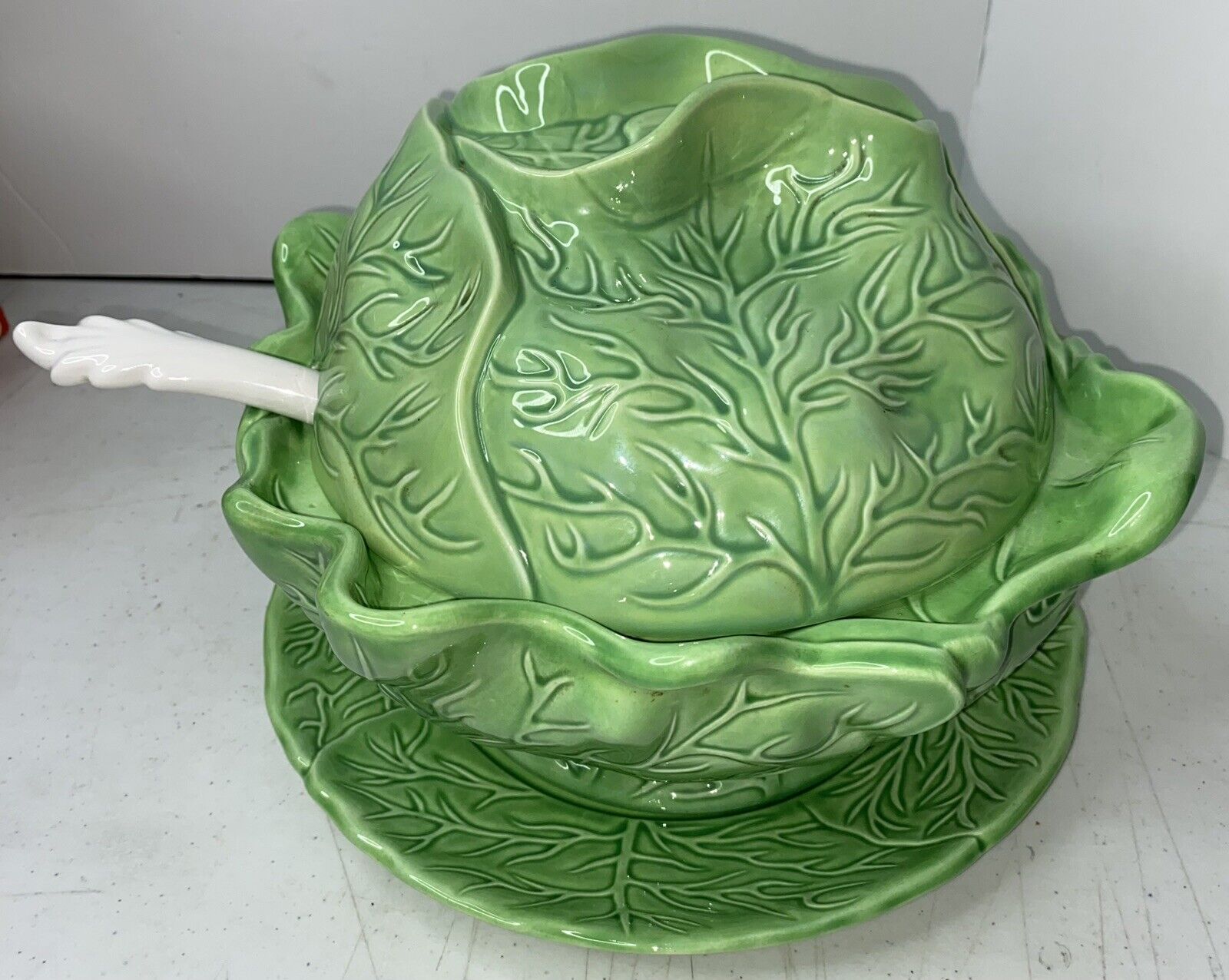 VTG Holland Mold Green Cabbage Tureen 4pc Set W/Ironstone Ladle Drip Plate 