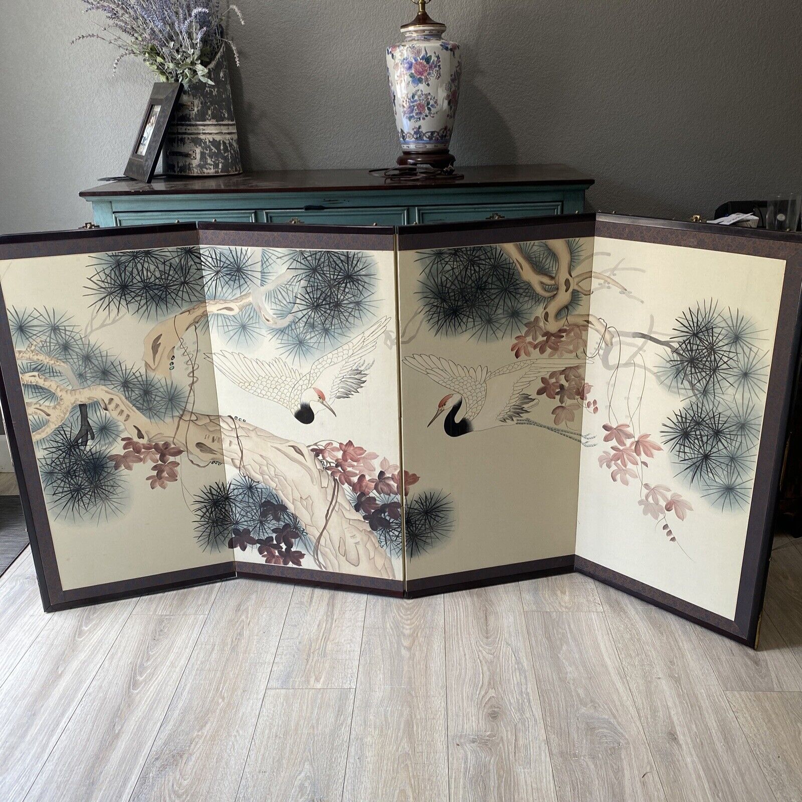 Vintage MCM Four Panel Chinese Folding Screen Crane Birds Painted 72 X 36 Inch