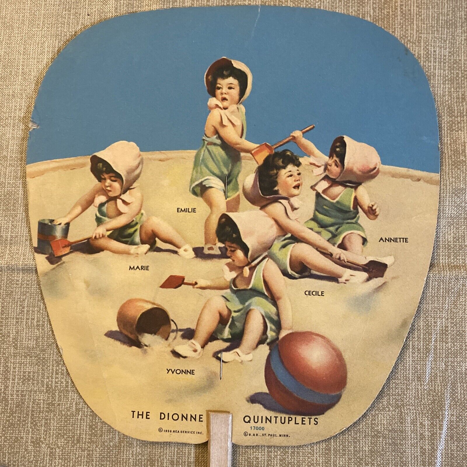 “THE DIONNE QUINTUPLETS”, 1936 Hand Fan, MYERS BROTHERS, Springfield, Il