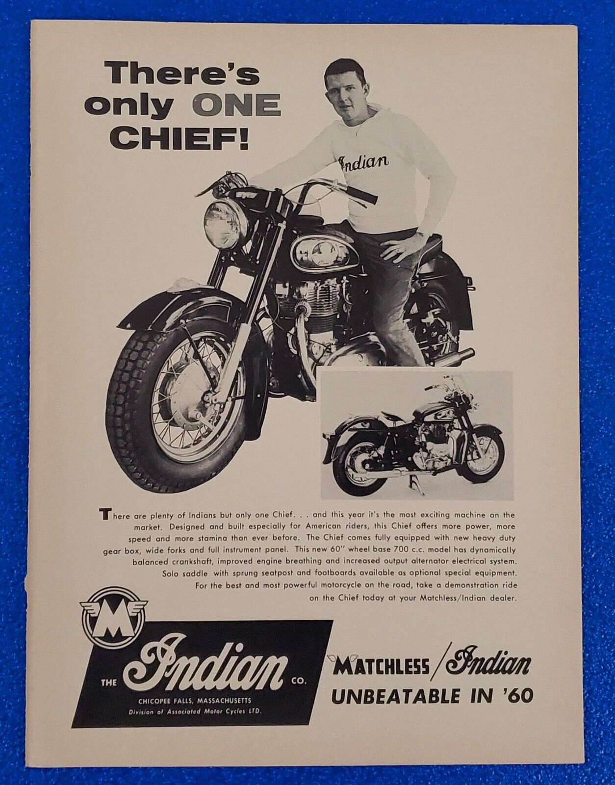 1960 VINTAGE INDIAN CHIEF MOTORCYCLE 700cc ORIGINAL PRINT AD 1960s CULTURAL ICON