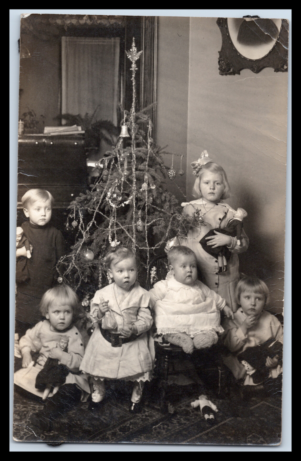 Vintage Postcards RPPC Six Children and Toddler around Christmas Tree