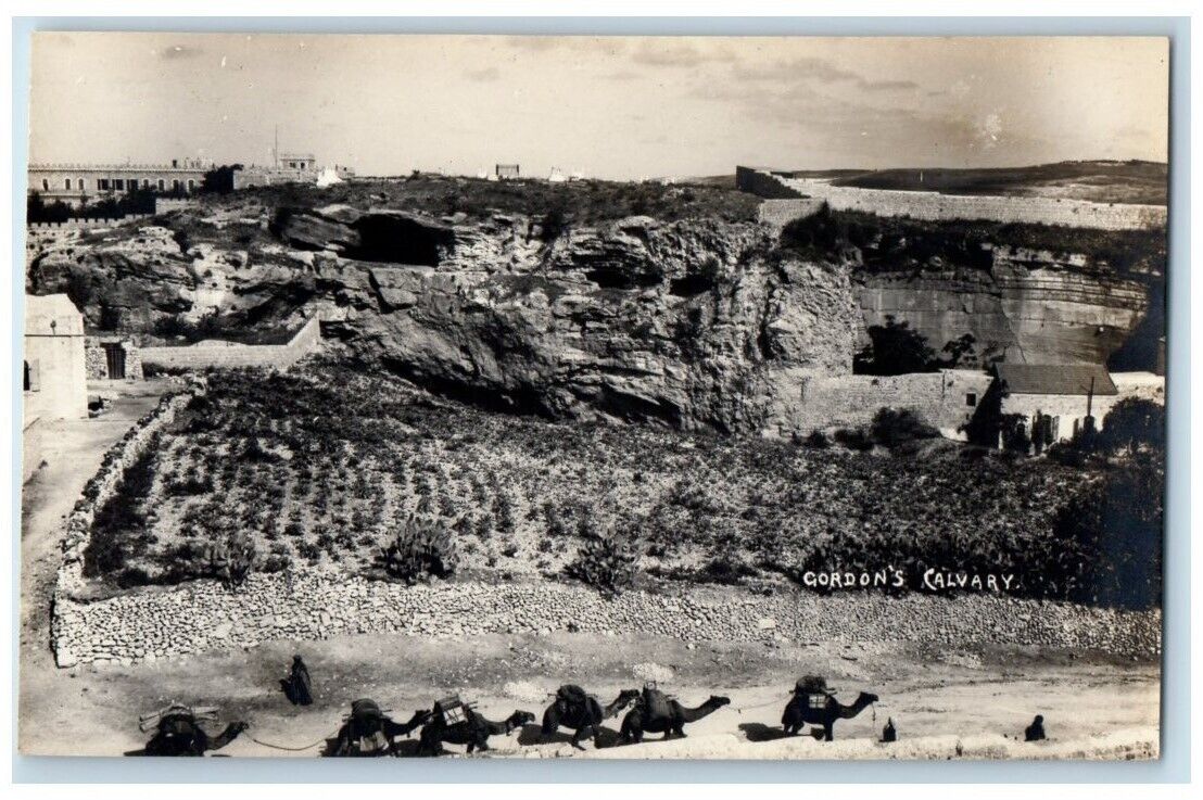 c1920's The Garden Tomb Gordon's Calvary Camels Jerusalem Israel RPPC Postcard