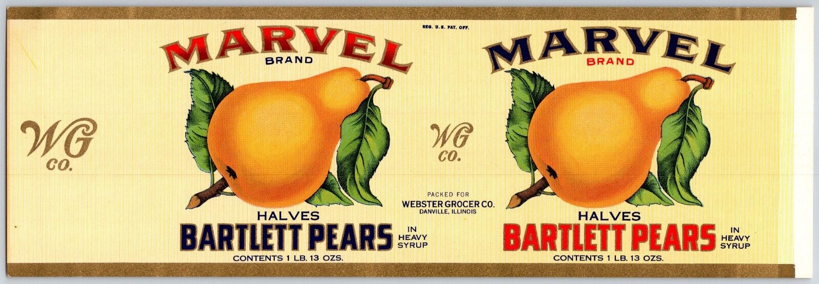 Marvel Bartlett Pears Paper Can Label Webster Grocer Danville, IL c1930's
