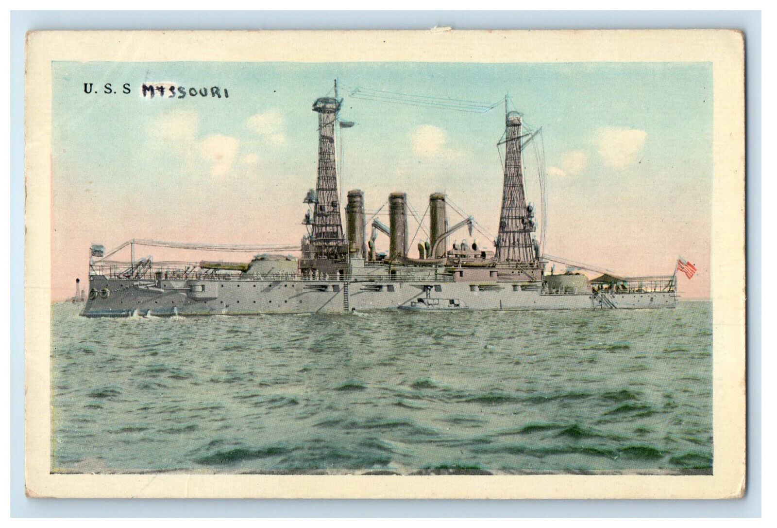 c1940's U.S.S Missouri Sailing Scene, Tichnor Bros Inc. Unposted Postcard