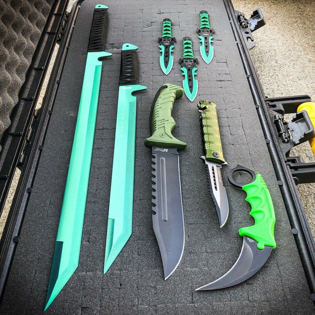 8PC Green Tactical Ninja Outdoor Camping Fixed Blade Sword Kunai Knife Set NEW
