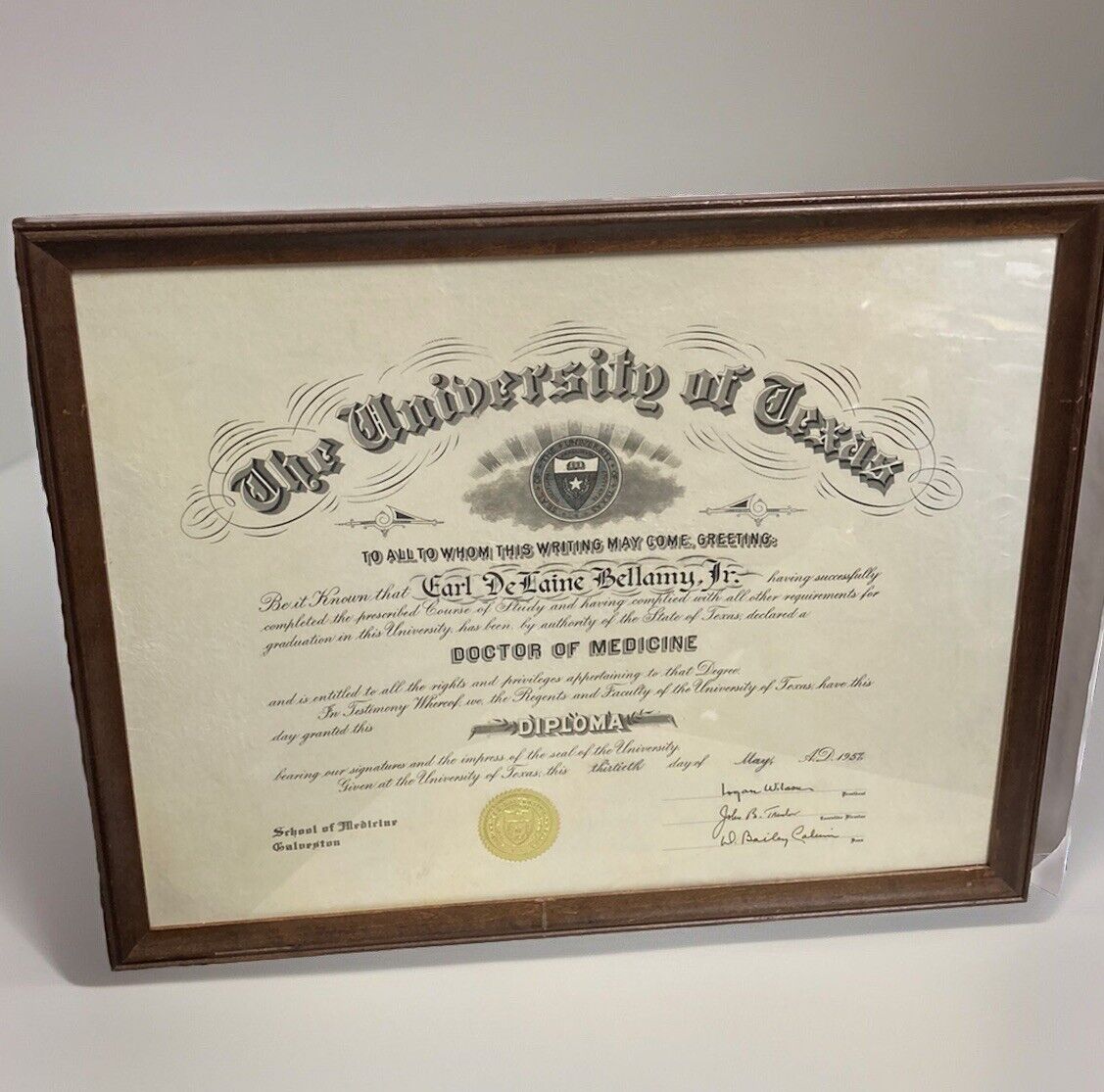 Vtg actual University of Texas Medical Diploma Signed Sealed 1957 Framed 18x22