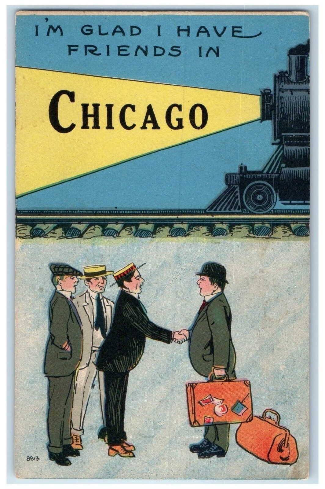 c1910s I'm Glad I Have Friends In Chicago Illinois IL Train Light Scene Postcard