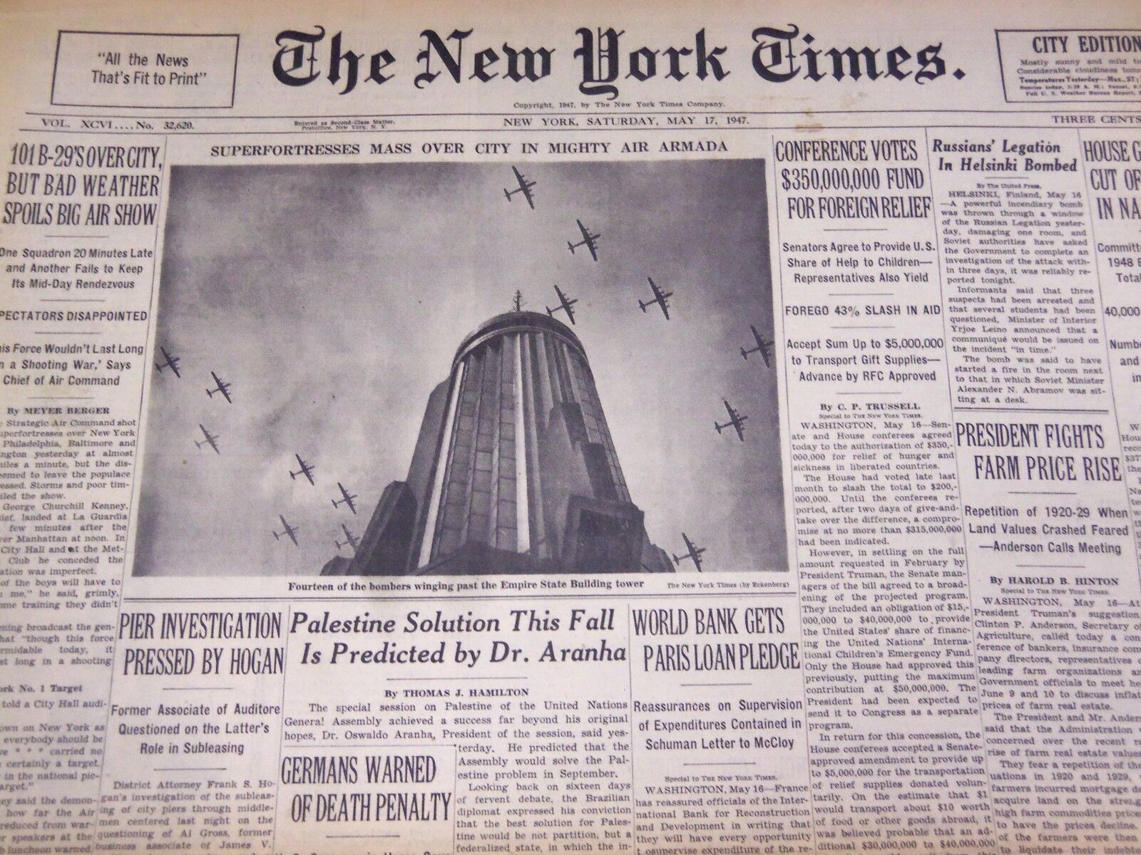 1947 MAY 17 NEW YORK TIMES PALESTINE SOLUTION THIS FALL SAYS ARANHA - NT 1418