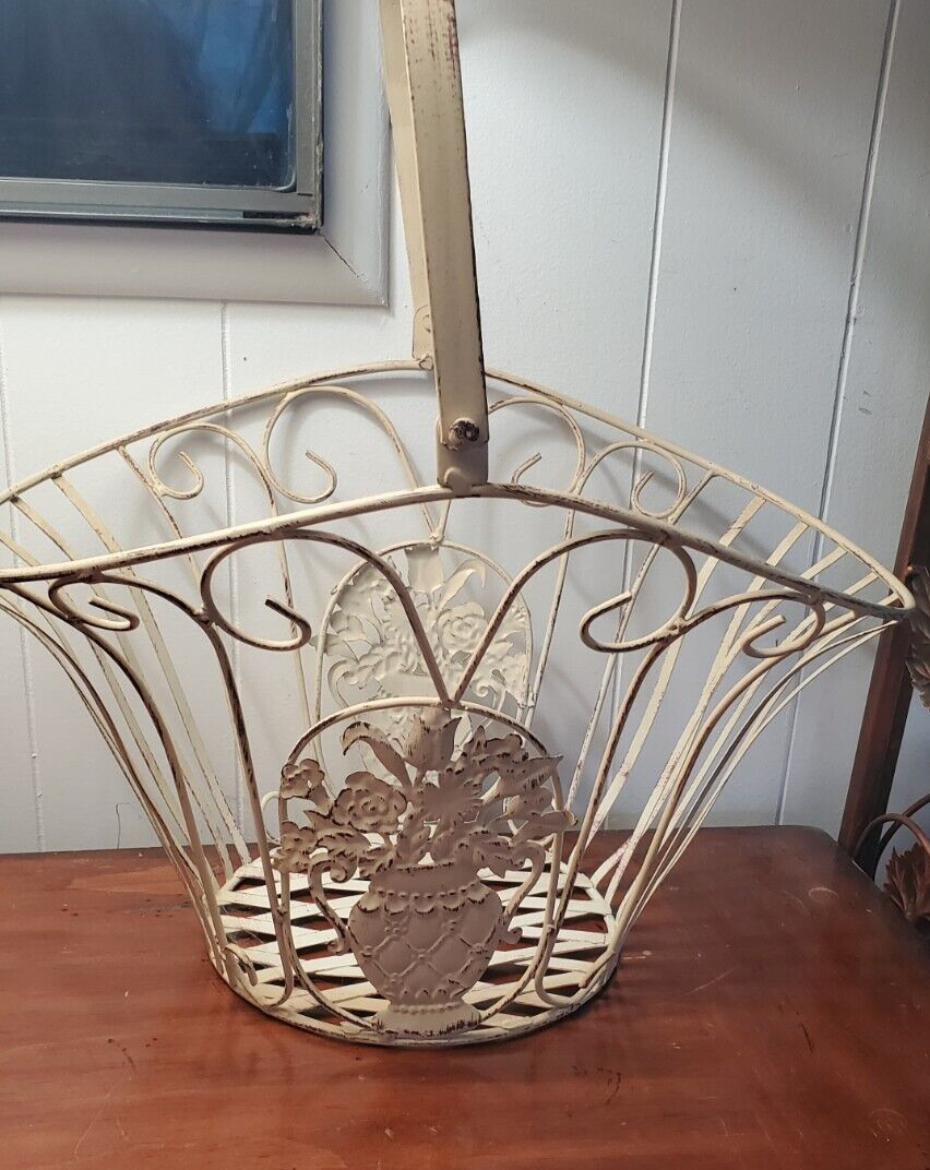 VTG Mid Century Large Metal French Country Style Shabby Chic Basket  Off White