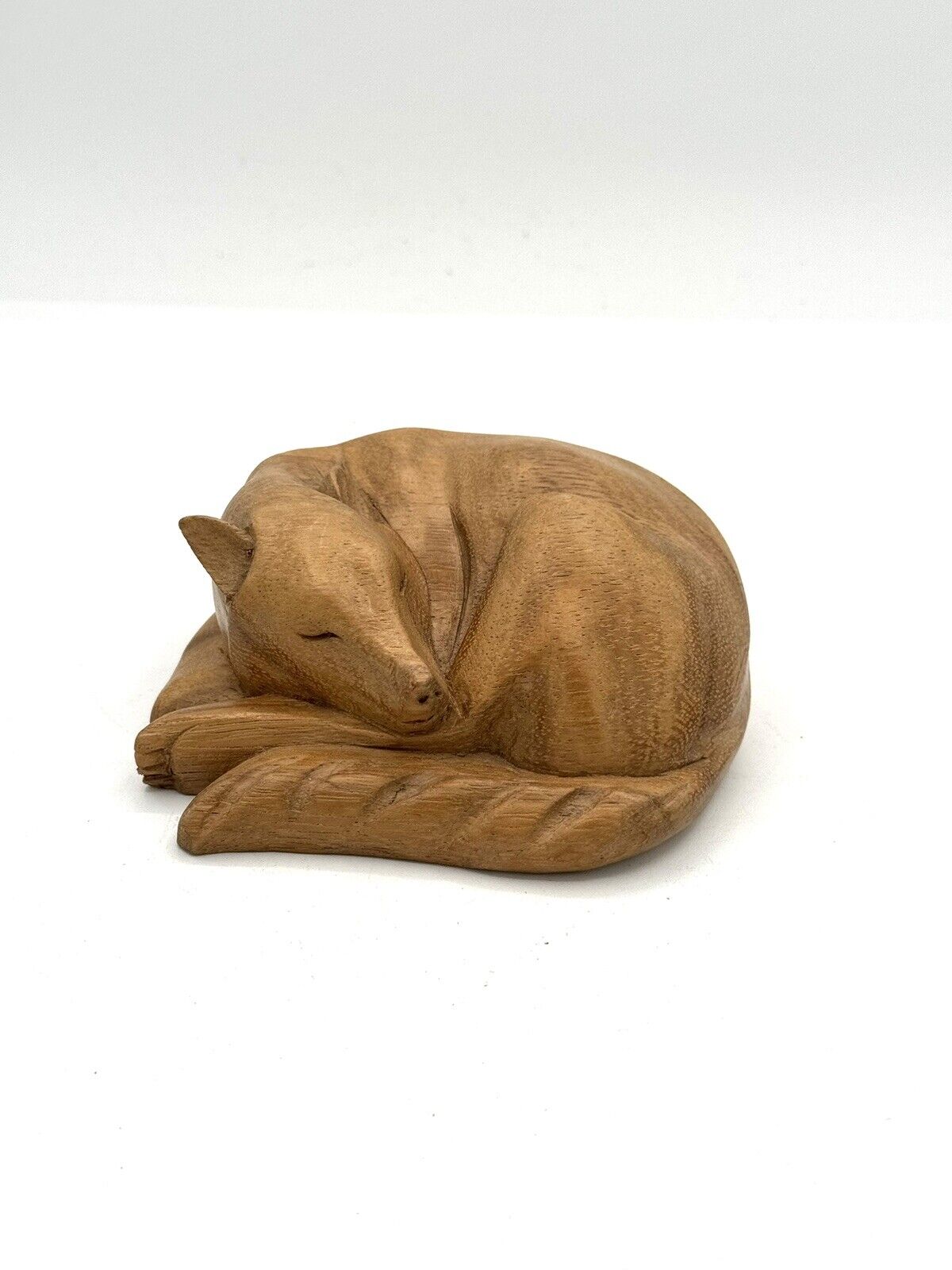 Large HAND CARVED SOLID WOOD FOX SLEEPING CURLED UP 4.5”x4”