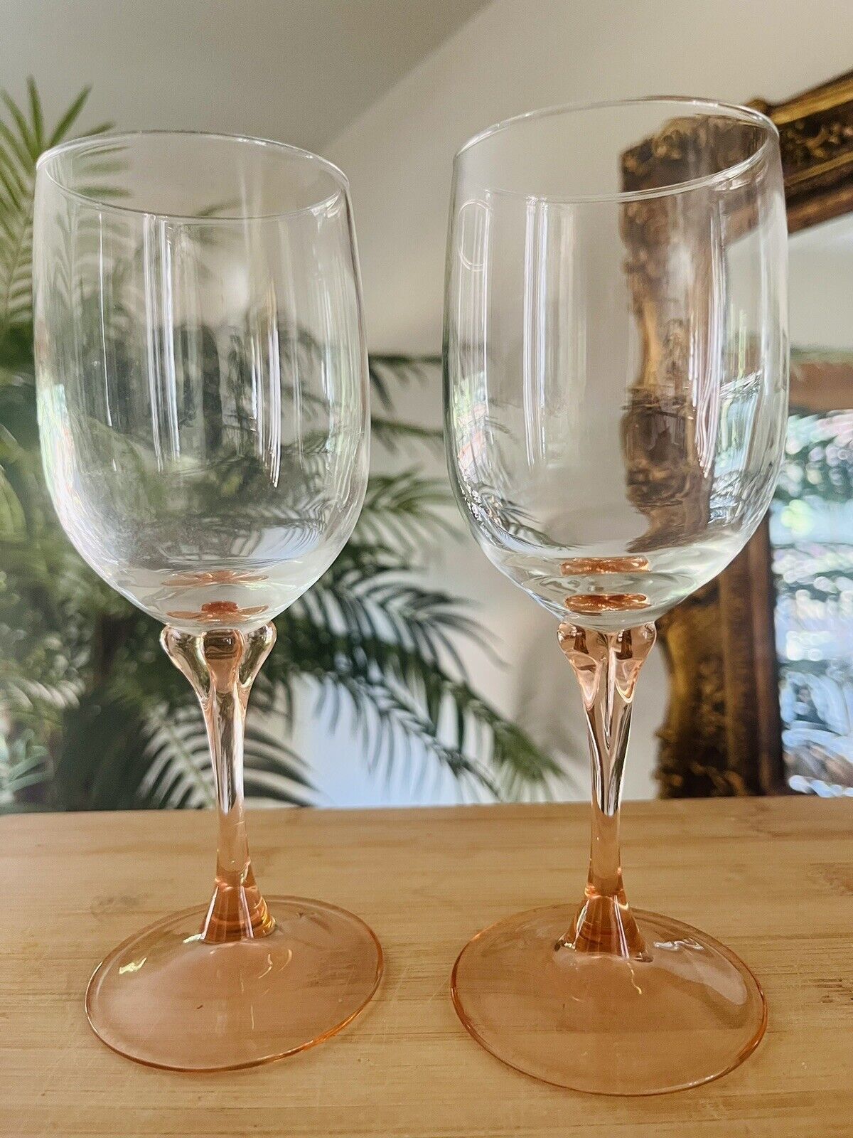 Vintage Luminarc Wine Glasses Clear Bowl/Peach Stem -set Of 2