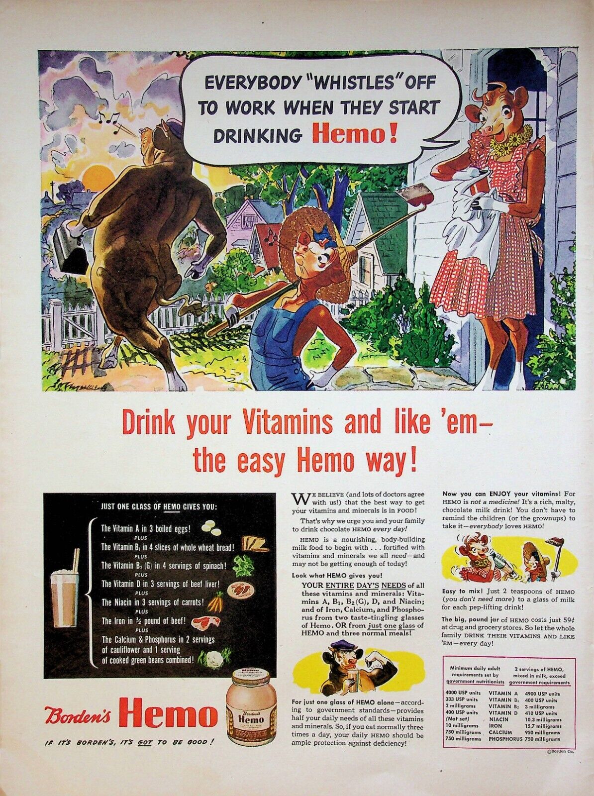 1944 Borden\'s Hemo Vintage Print Ad 1940s Elsie the Cow Drink Vitamins Whistle
