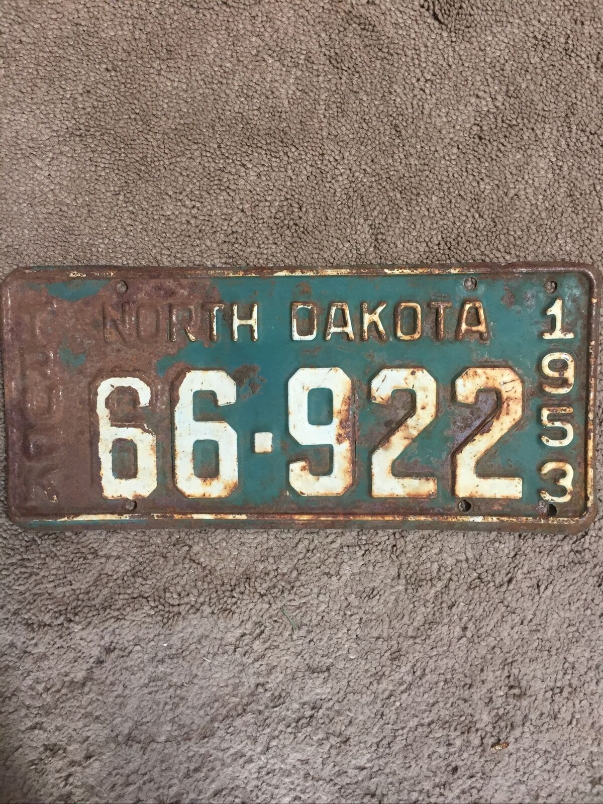 1953 North Dakota Truck License Plate - 66 922 - Rustic