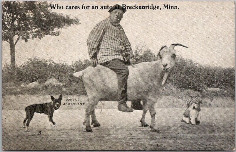 1919 BRECKENRIDGE, Minnesota Postcard Fat Man on Goat 