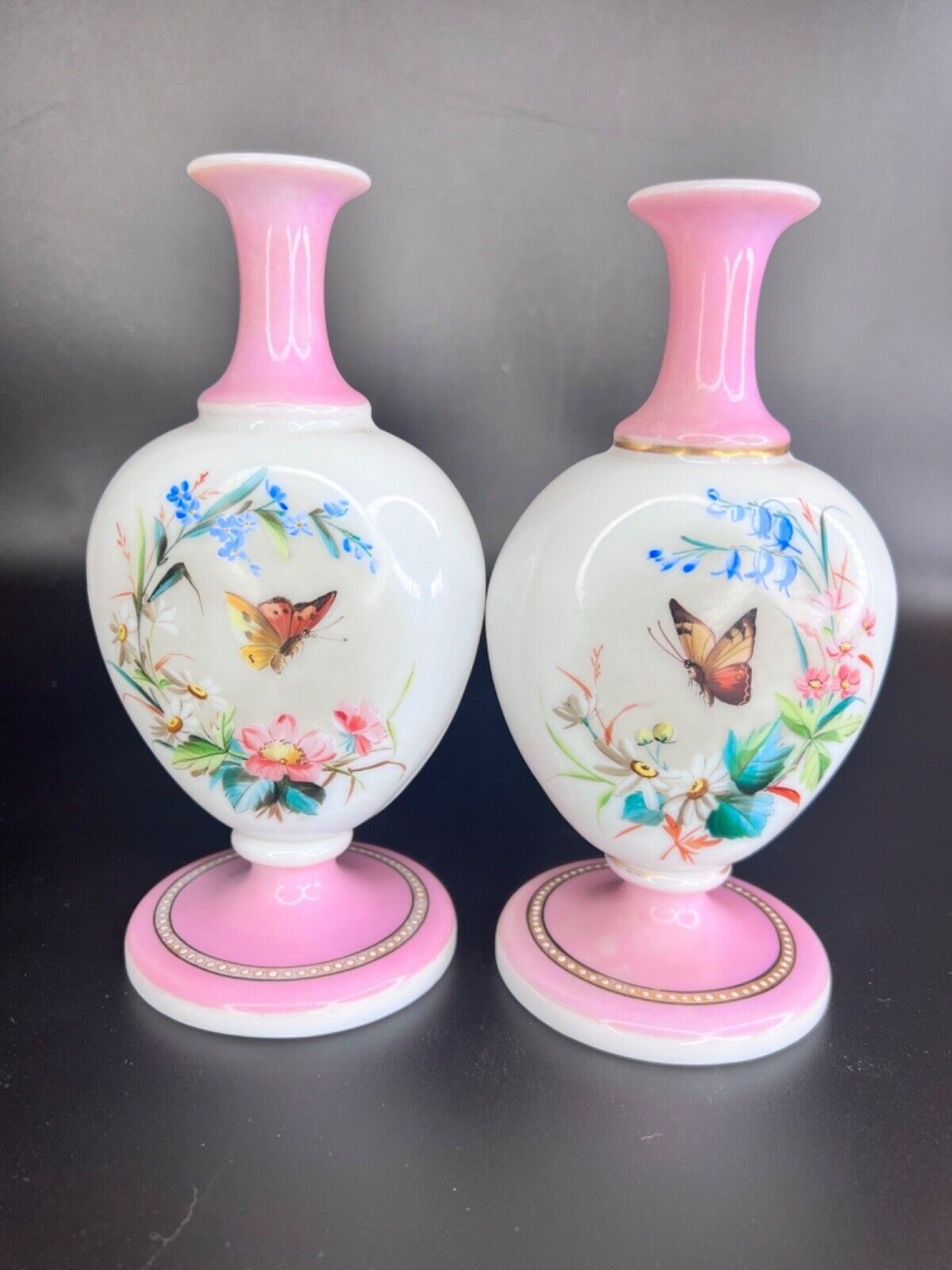 Bohemian Harrach 19th c. Pink & White Opaline Vase Butterflies & Flowers Pair 2