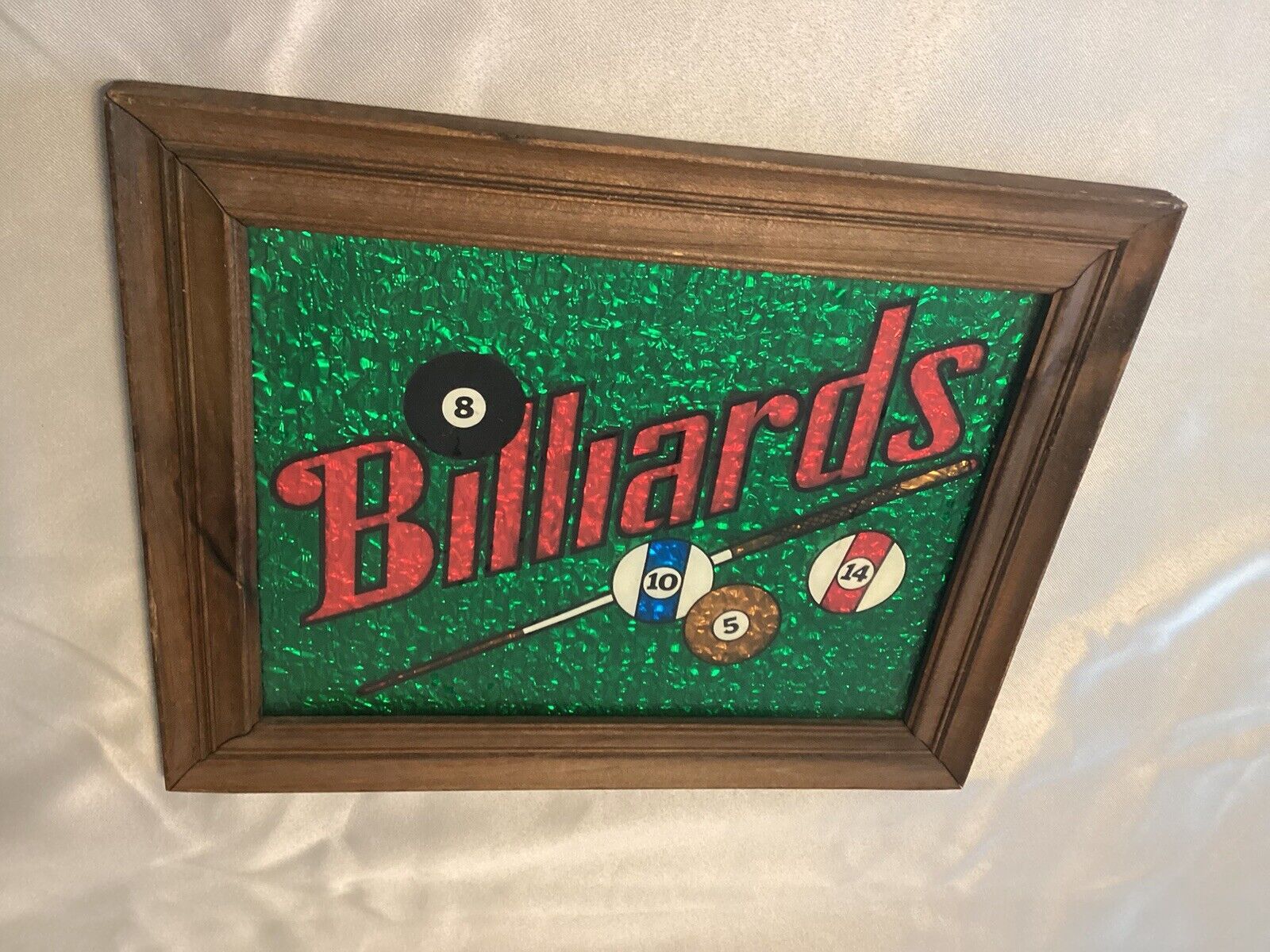Billiards Art Deco Sign Glass Wood Frame Hanging A&F Products Vintage 46805
