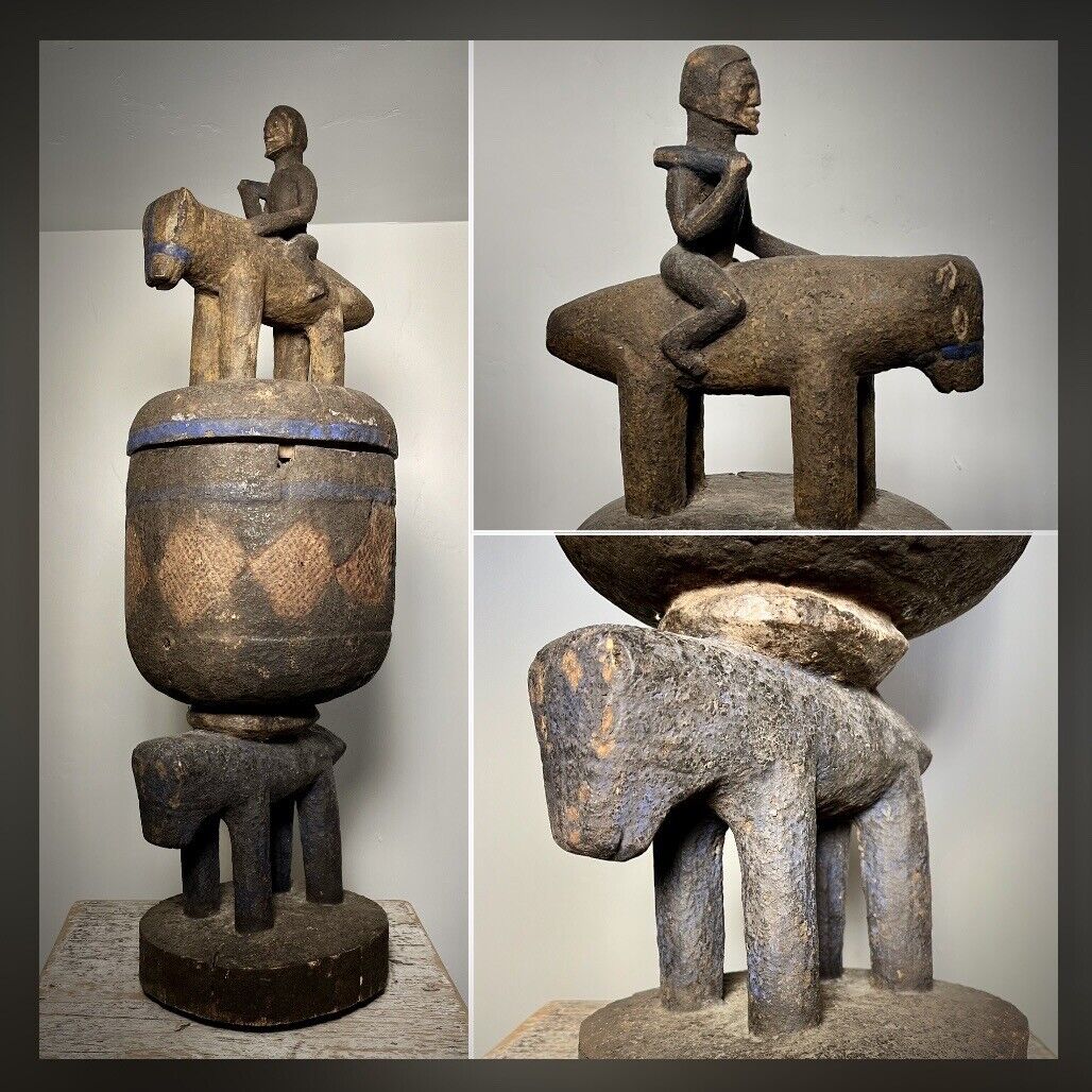 Dogon Lidded Vessel. Warrior On Horseback. 34” Tall. Carved Wood.