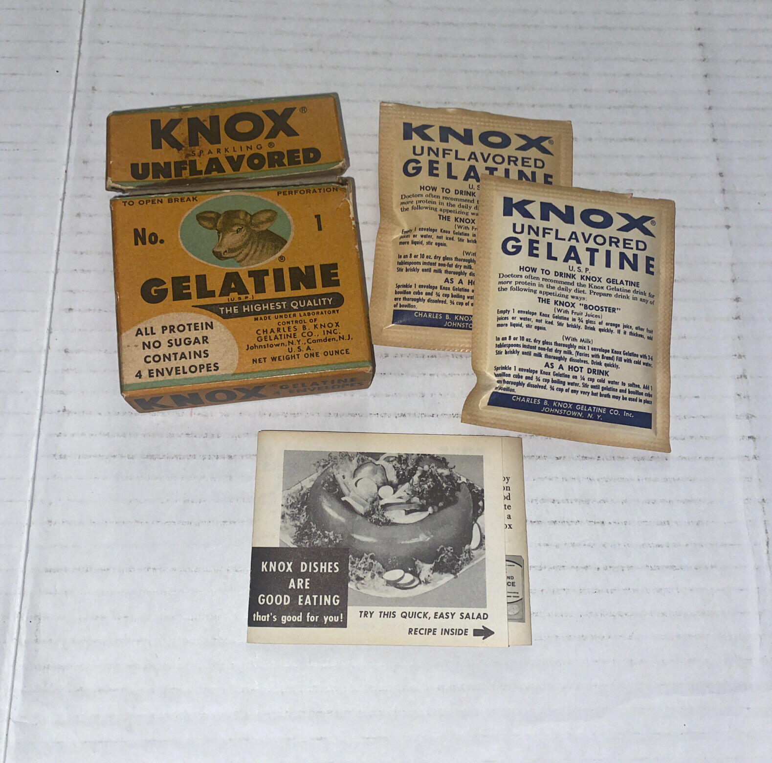 Vintage 1950s KNOX Sparkling Unflavored Gelatin Box Cow with 2 Packets Recipes