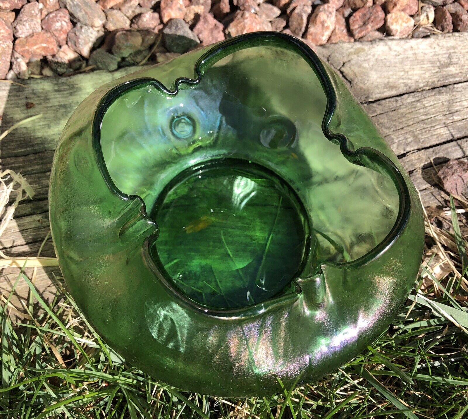 LOETZ  CRETA RUSTICANA vase crimped mouth small bowl green bohemian art glass