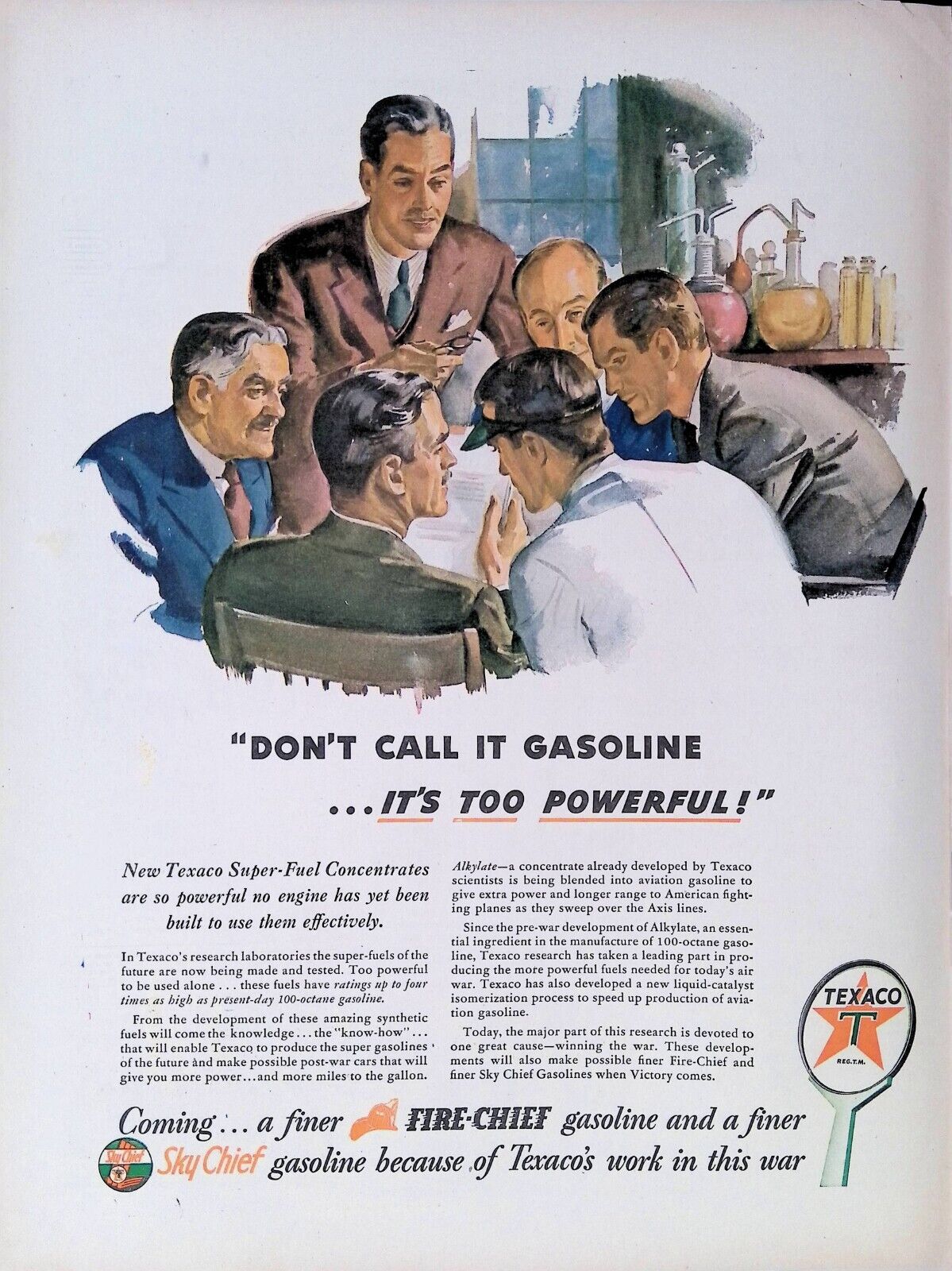 Print Ad 1940\'s Texaco Fire-Chief Gasoline Research Laboratory Male Scientists