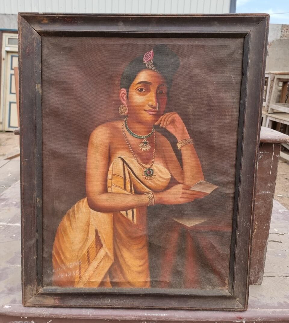 Vintage Old Antique Beautiful Lady Hand Painting on Canvas in Wooden Frame