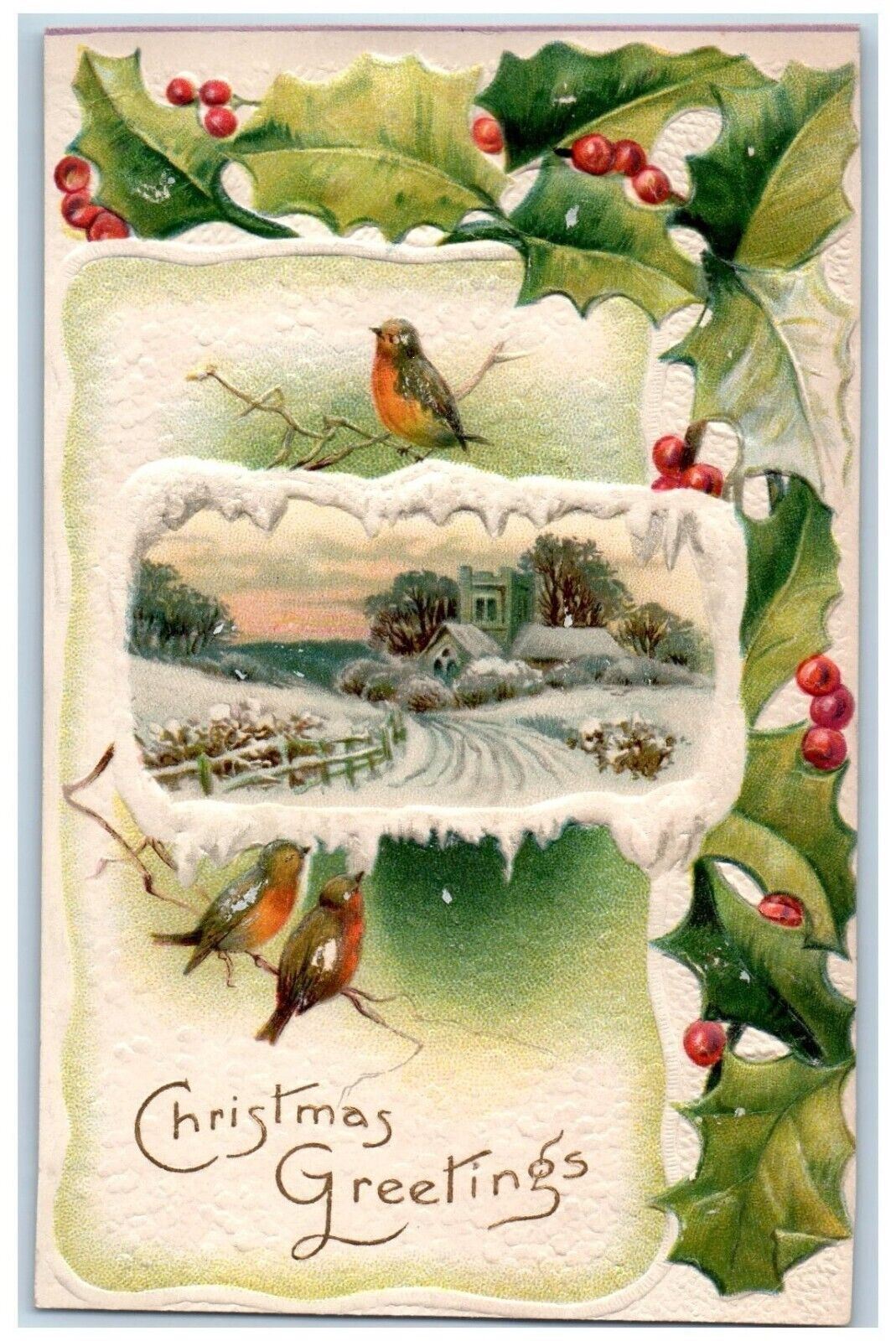 c1910's Christmas Greetings Song Birds Holly Berries Winter Embossed Postcard