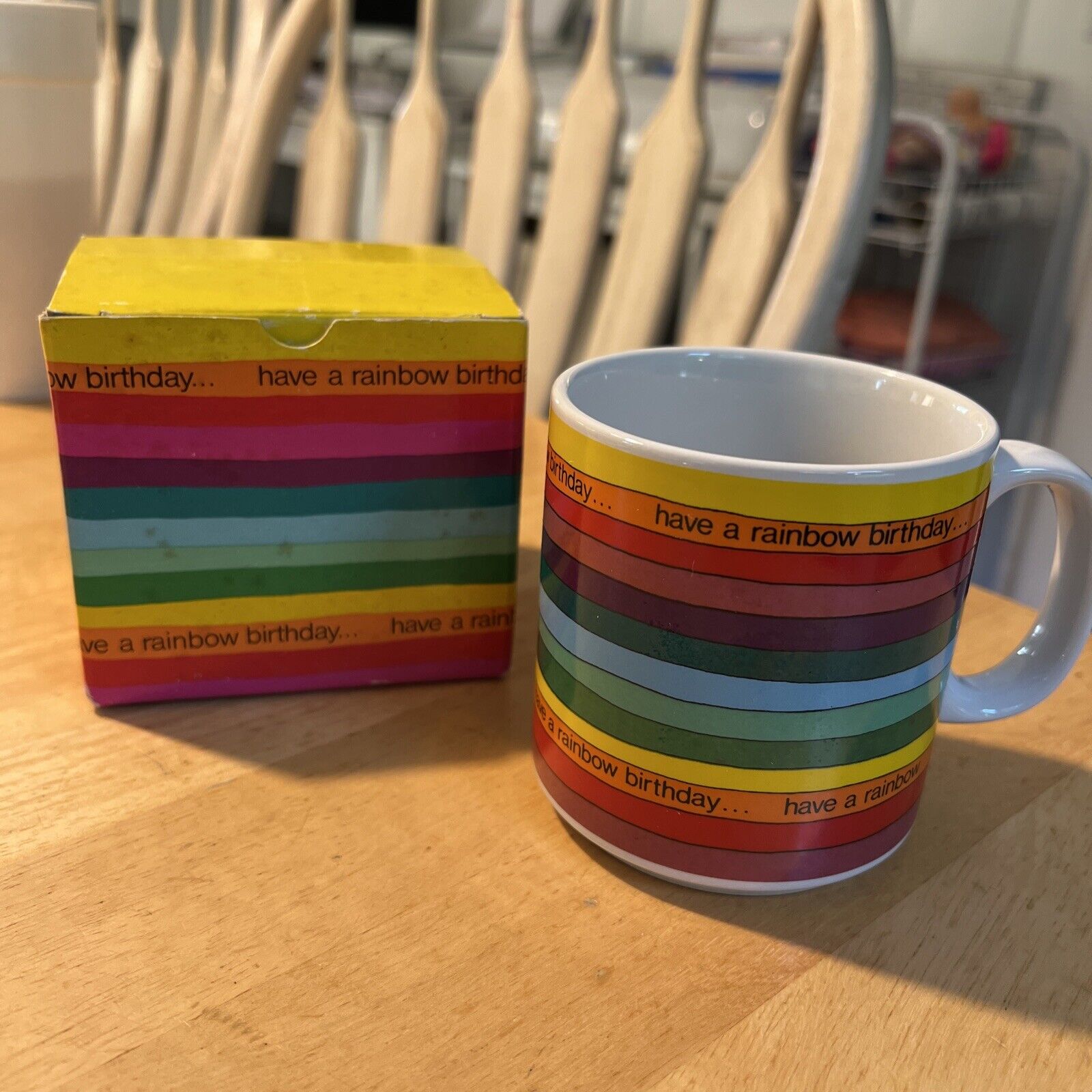 Vintage RUSS Berrie Rainbow Stripe  Cutout Coffee Mug Cup 1980s NEW IN BOX