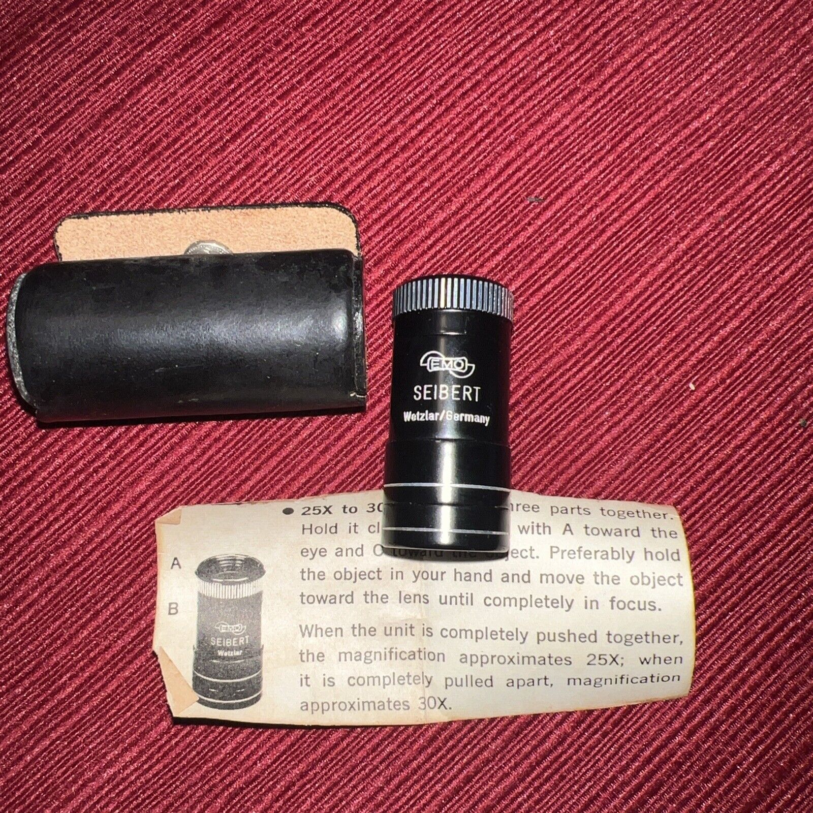 EMO Seibert Wetzlar Pocket Loupe Telescope Microscope W. Germany w/Leather Case