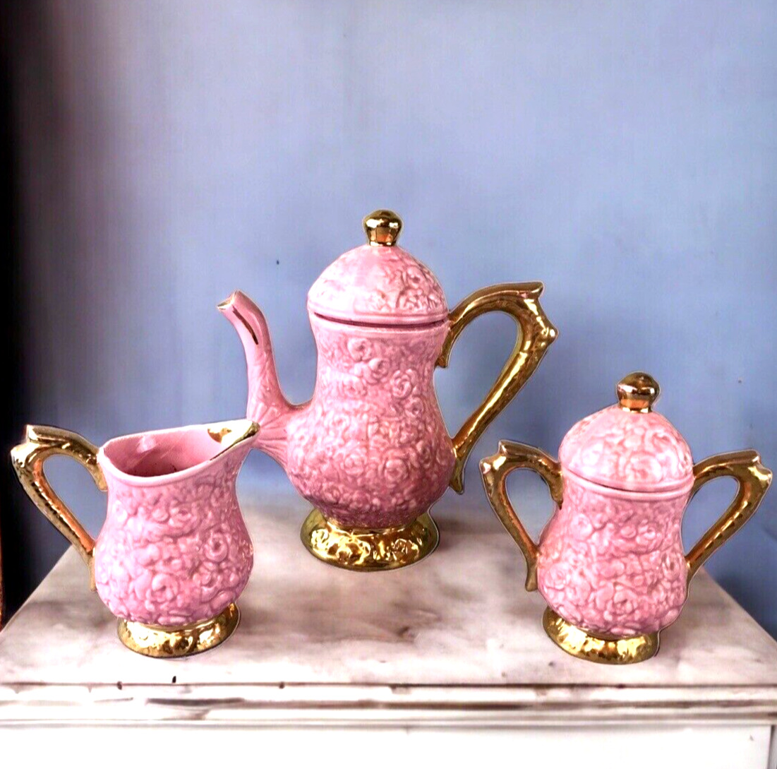 Vintage 1950's Embossed Ceramic Pink Rose Gold Gilt Teapot, Sugar and Creamer