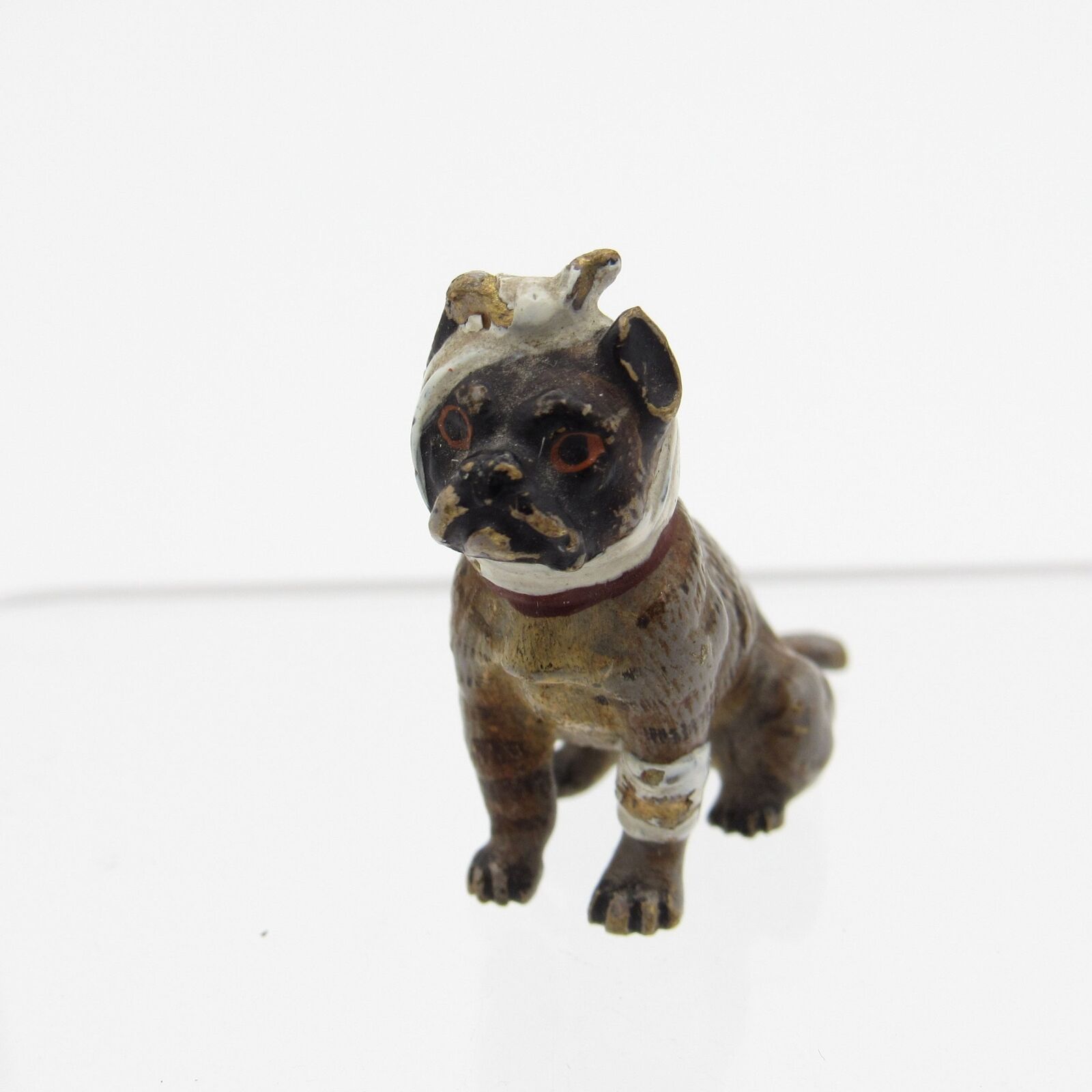 Antique Vienna Bronze Cold Painted Pug Dog with Bandage on Leg and Head