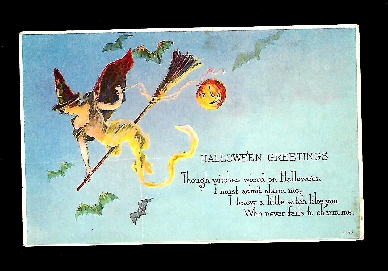 1920 Halloween Postcard Fairy Witch Riding a Broom, Bats Flying