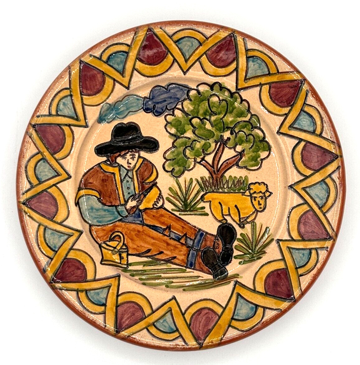 Redondo Pottery Decorative Plate Vintage 1970s Farmer & Sheep Signed Jeremias