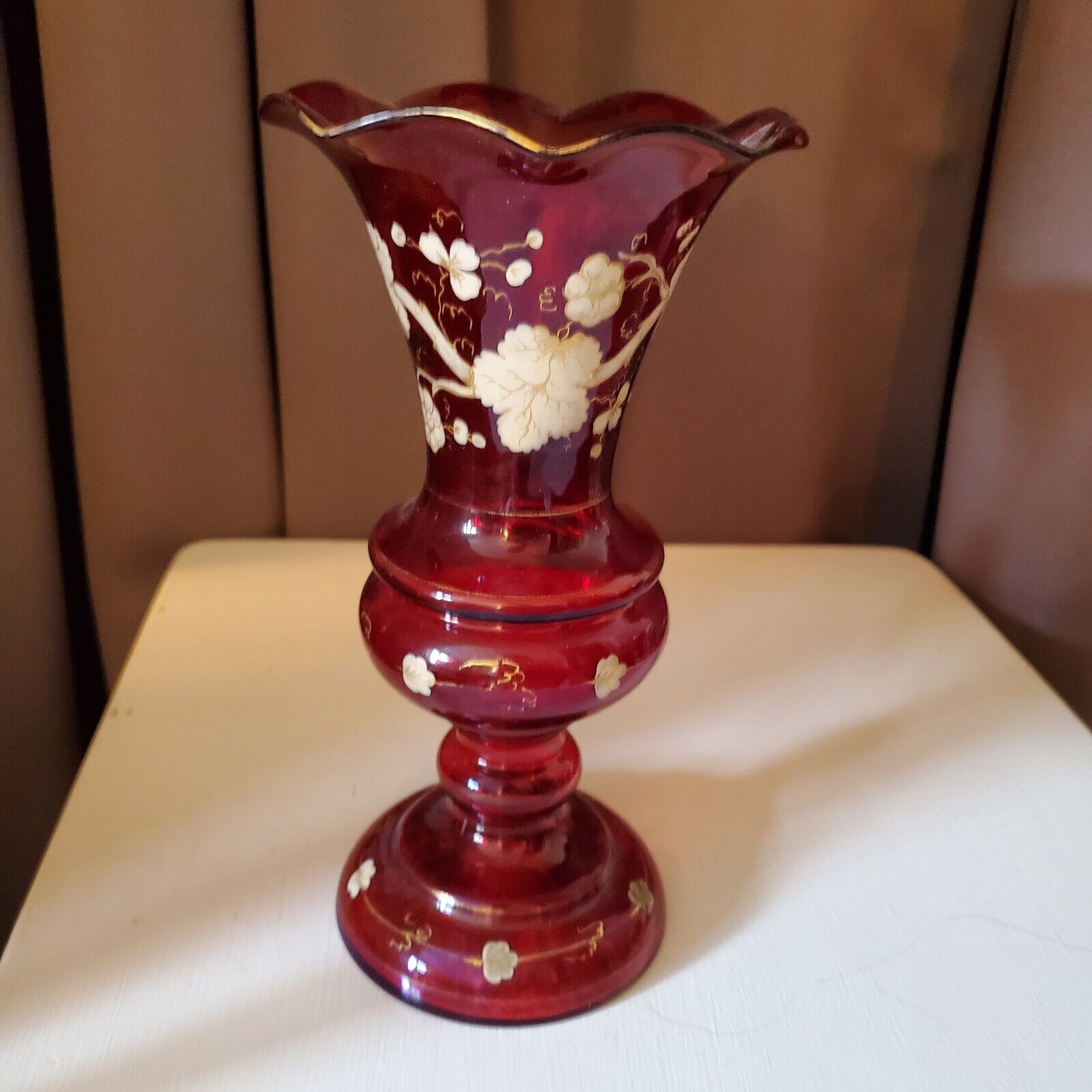 Antique Cranberry Red Handblown Glass Vase, Bohemian Grapevine, 19th Cent