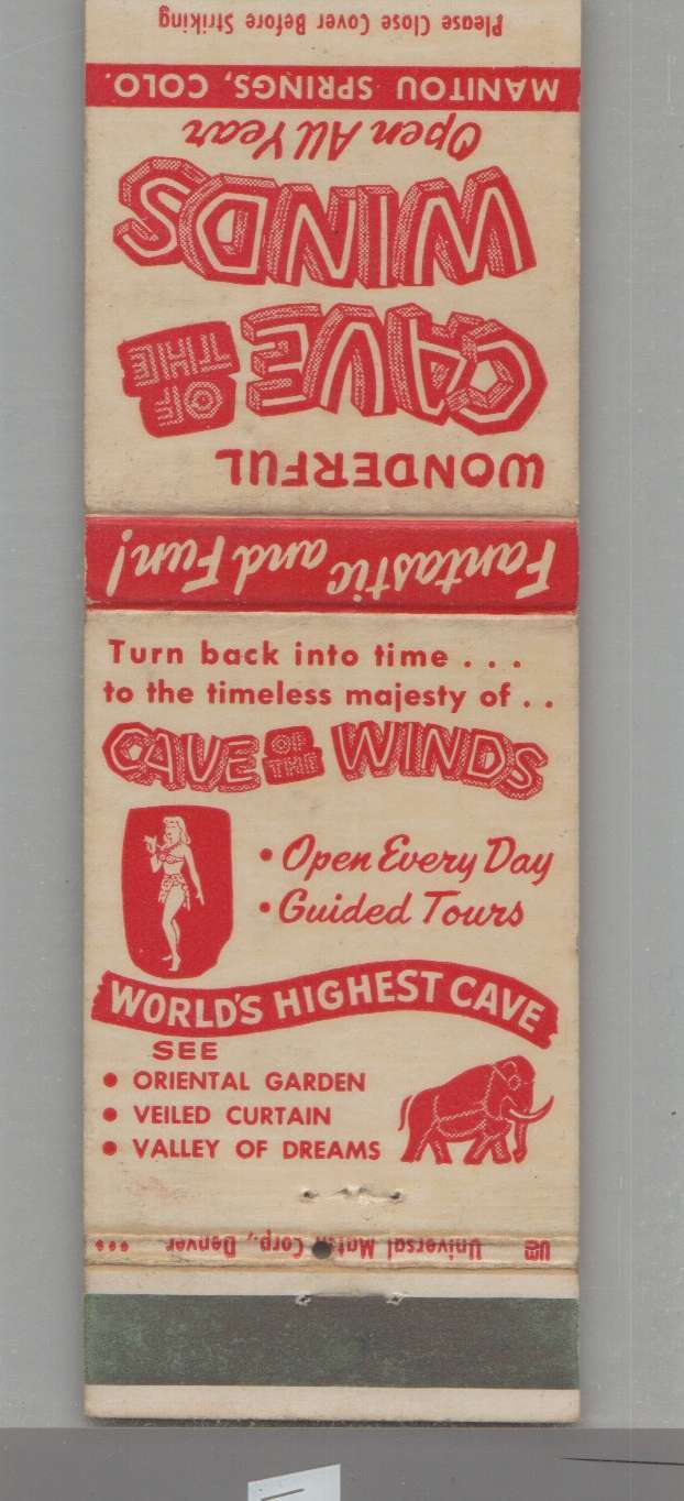 Matchbook Cover - Elephant - Cave Of The Winds World\'s Highest Cave Manitou Spri