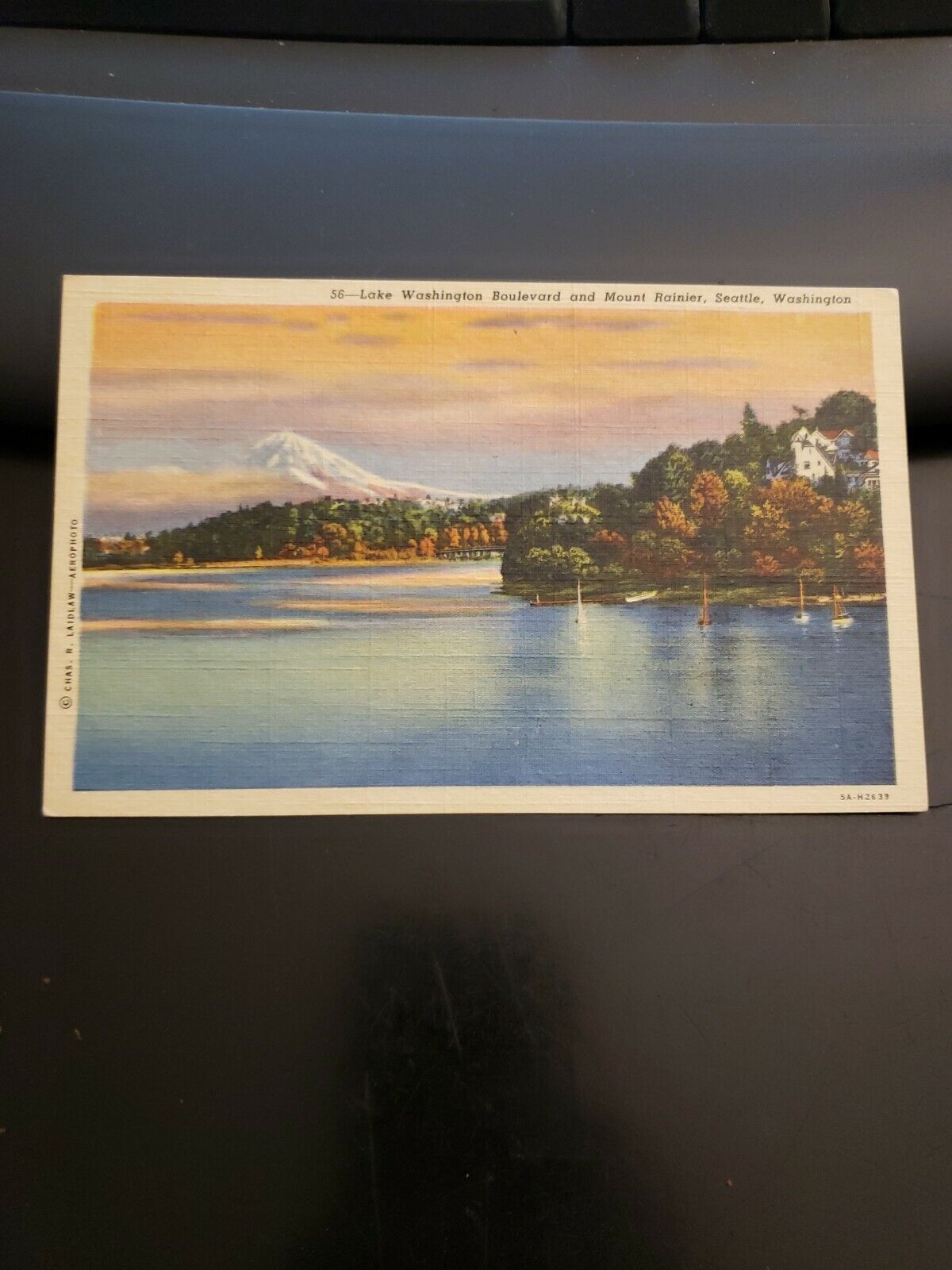Vtg 1950's Lake Washington Boulevard Mount Rainer Seattle WA Linen Postcard