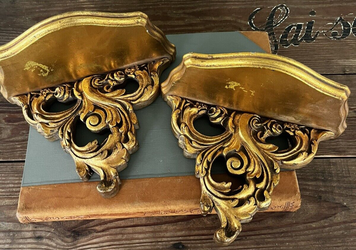 Pair~Vintage Gold Gilt Wood Wall Sconce Shelves Hollywood Regency Ornate Scroll