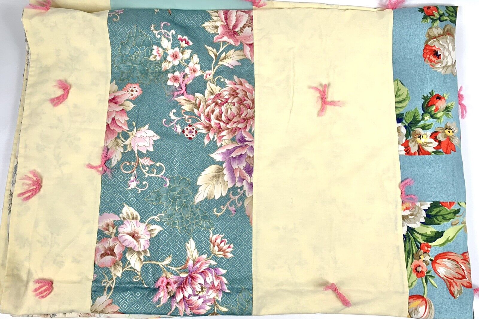 New Handmade Quilt Shabby Chic Blue Pink Floral 60”x78”