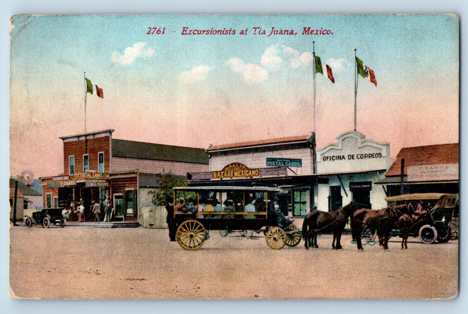 Tijuana BC Mexico Postcard Excursionists Trolley Horse Car 1912 Posted Antique