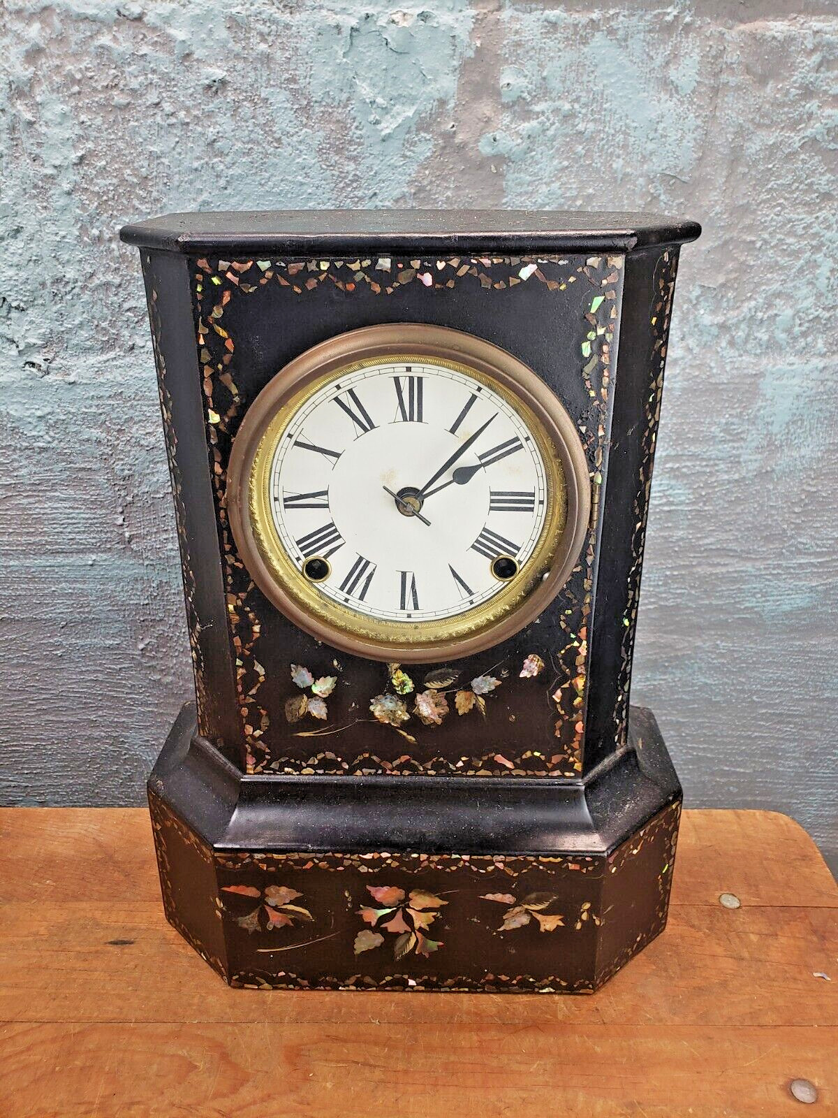 Antique Iron Front, Mother-of-Pearl Clock, 8 Day, circa 1850