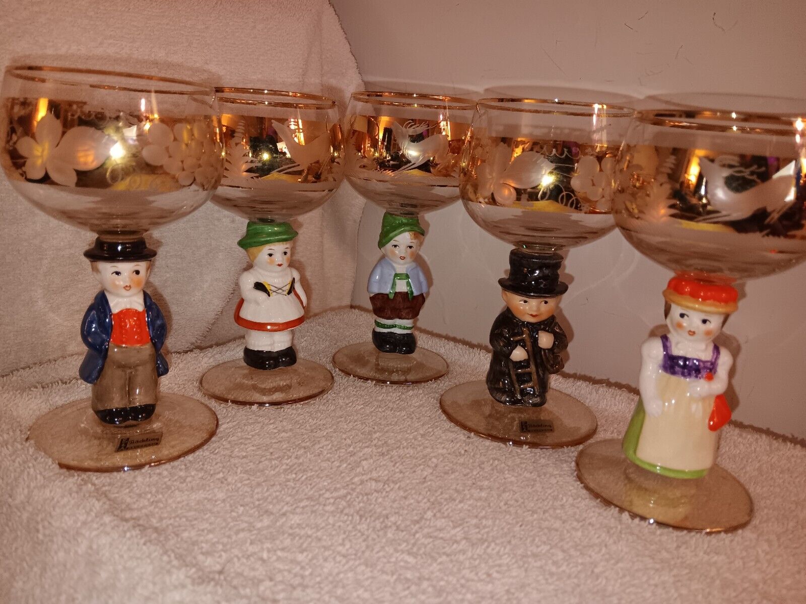 Goebel Hummel Figurine Stem Wine Glasses, 14K Gold Trim, Germany - Set of 5
