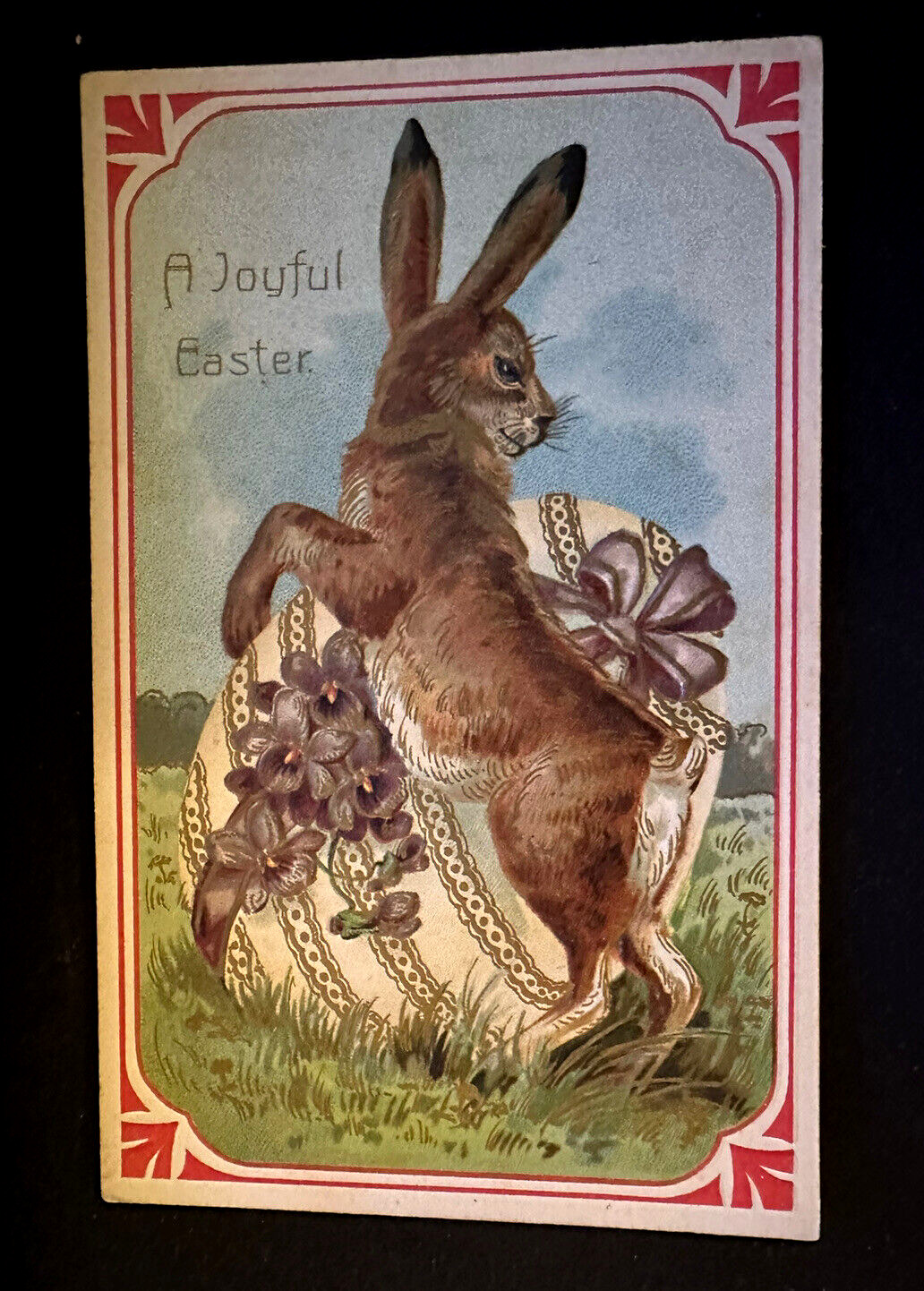 ~Cute~Bunny Rabbit with Big Egg ~Flowers~Antique PFB Easter Postcard~f369