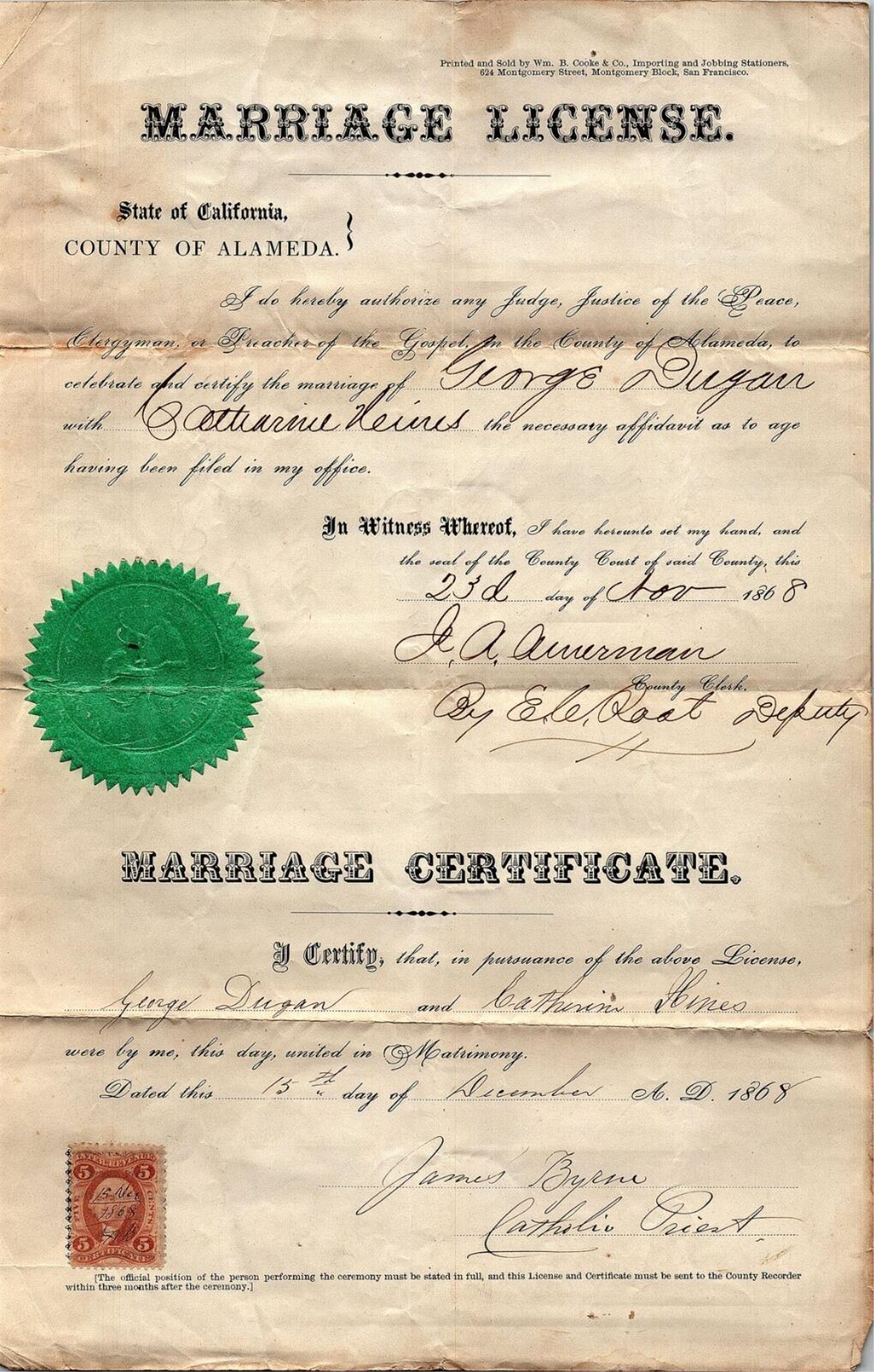 1868 ALAMEDA CALIFORNIA MARRIAGE LICENSE REVENUE STAMP AND SEAL DUGAN 37-22