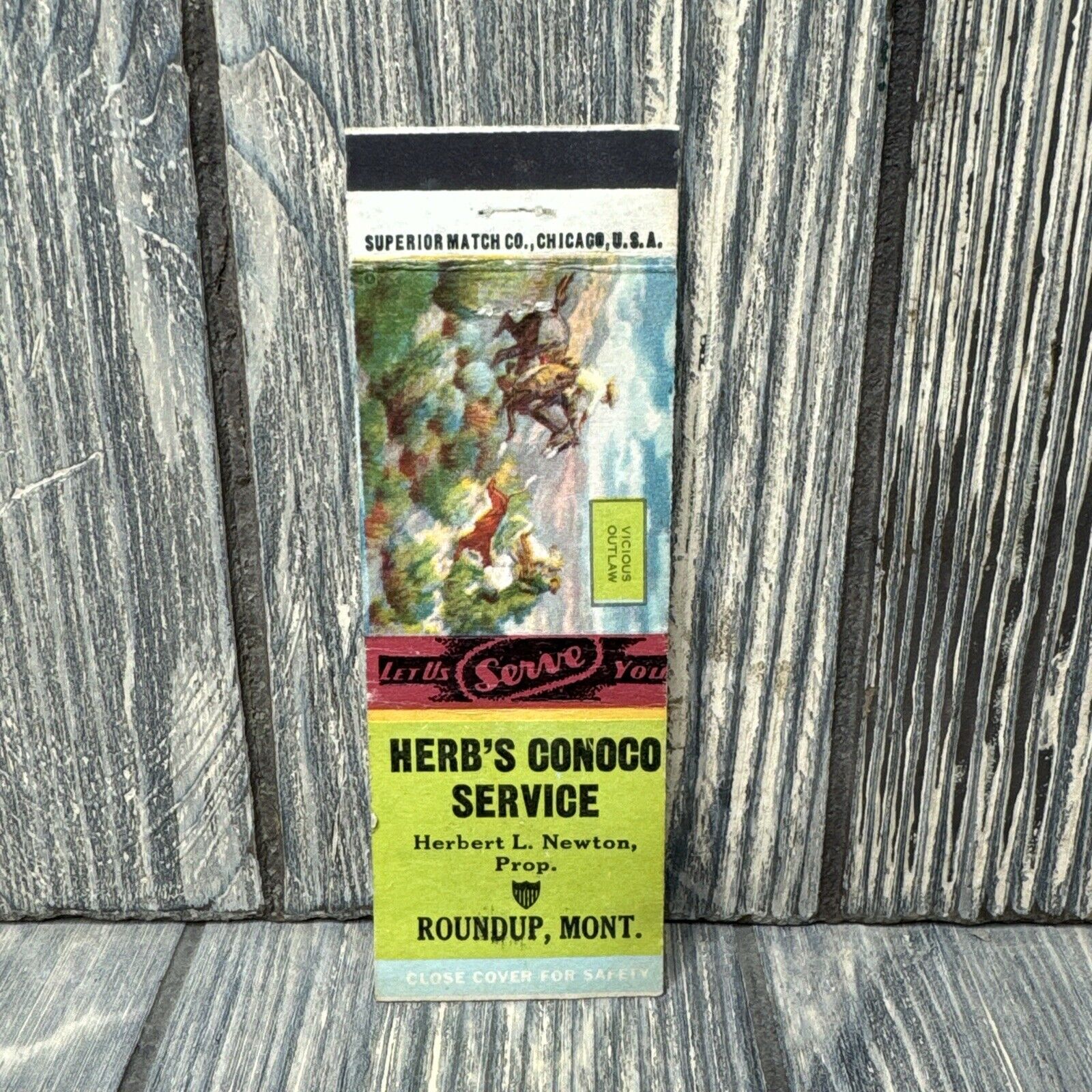 Vtg Herb's Conoco Service Roundup MO Matchbook Cover Advertisement