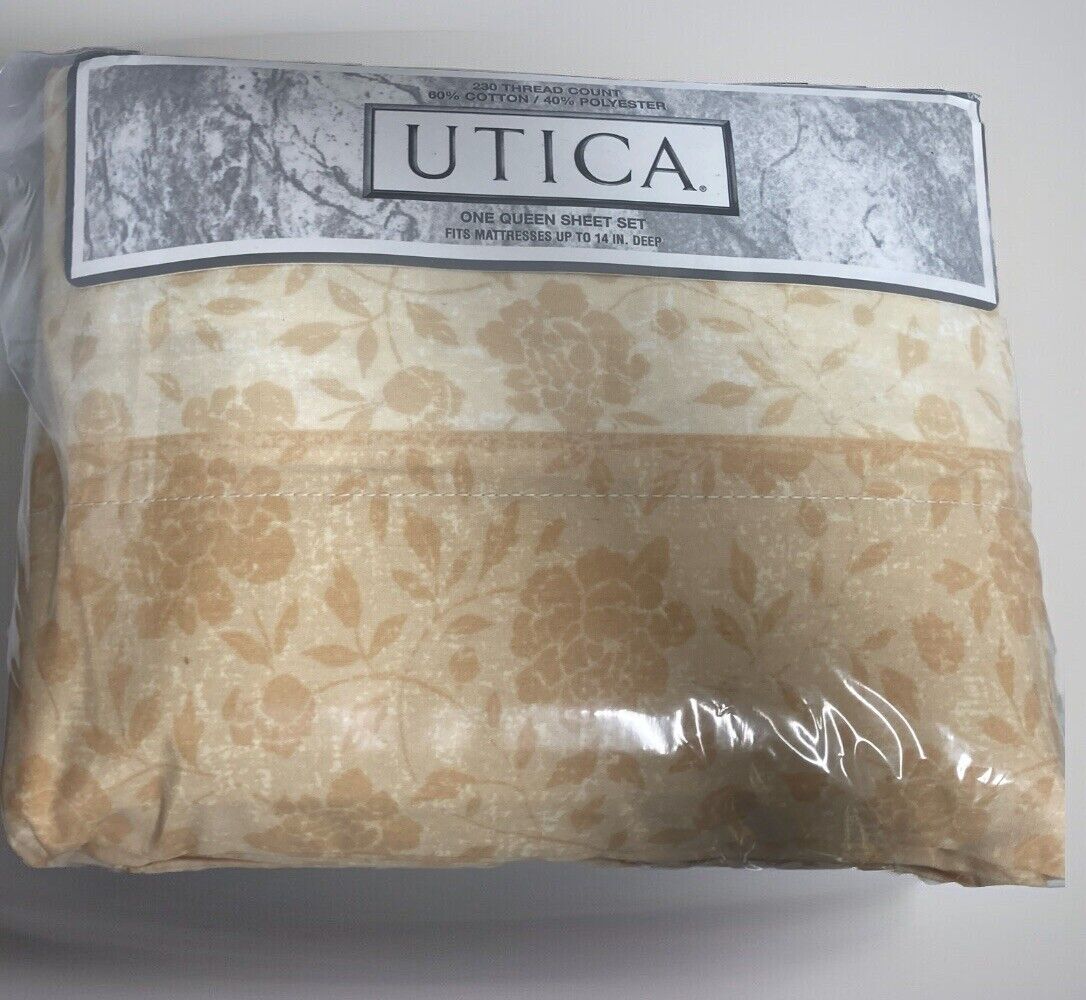 NOS Vintage Utica Queen Sheet Set Carrissa Yellow 230 TC  60/40 Cotton Blend USA