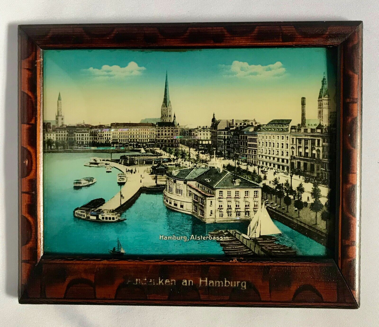 Antique Souvenir Hamburg Germany Convex Glass Burl Wood Framed Mother of Pearl