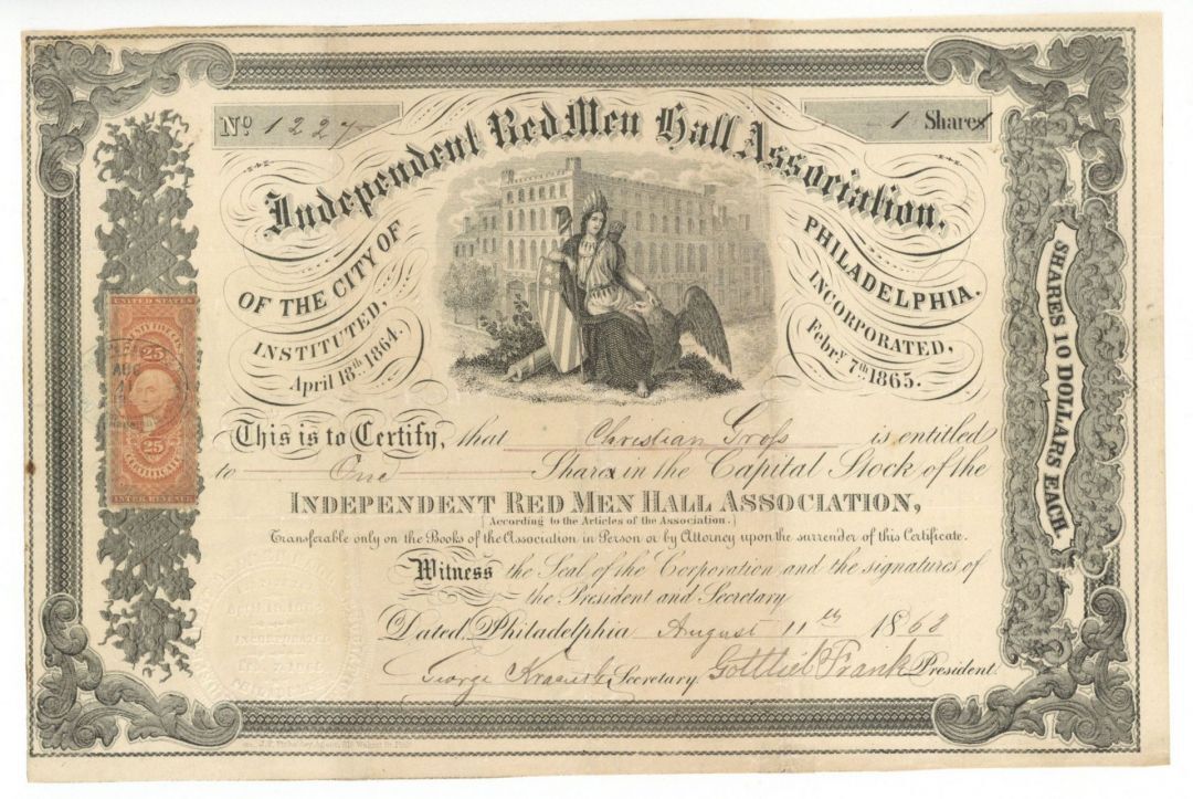 Independent Red Men Hall Association - Stock Certificate - Clubs